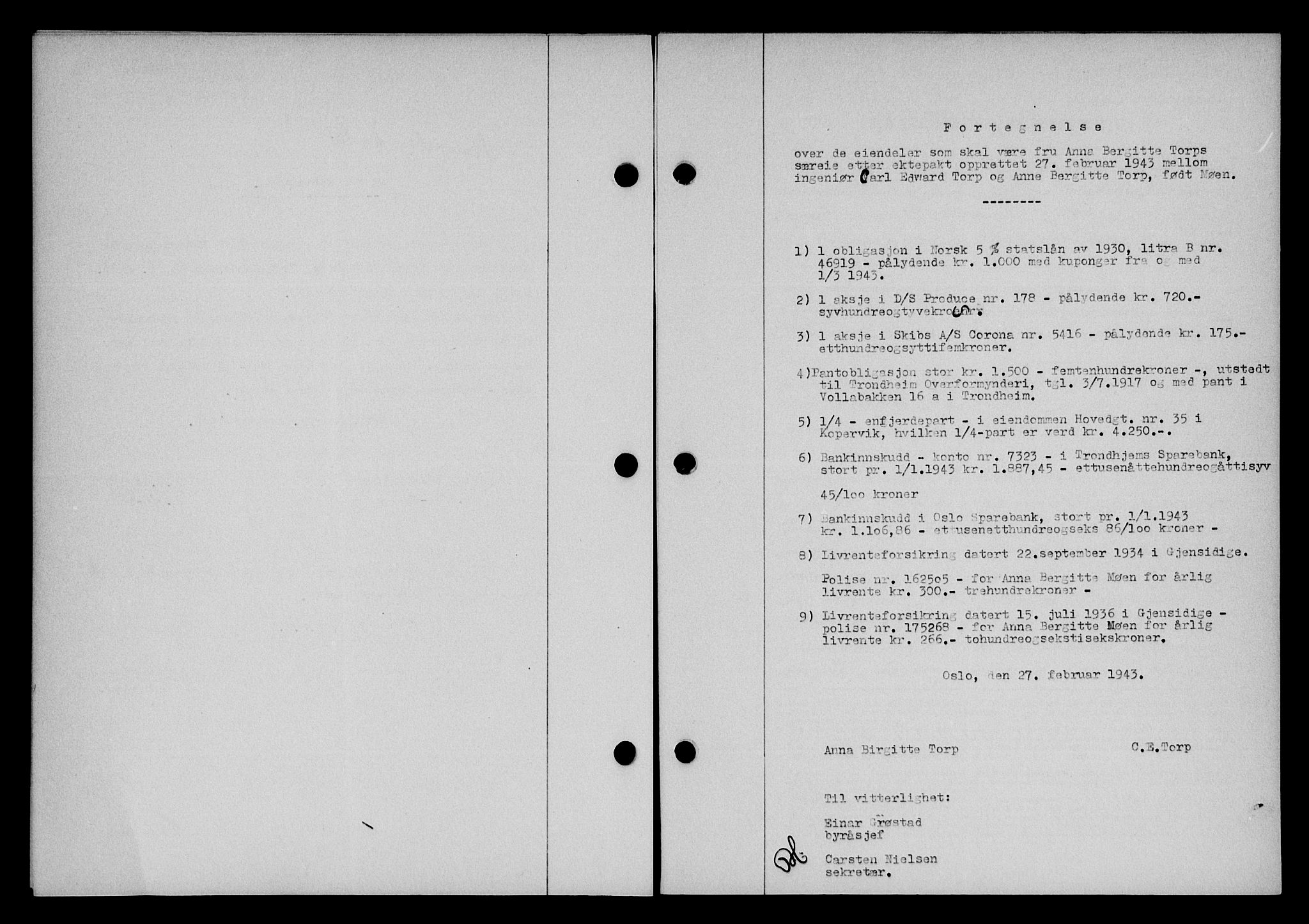 Karmsund sorenskriveri, SAST/A-100311/01/II/IIB/L0079: Pantebok nr. 60A, 1942-1943, Tingl.dato: 12.03.1943