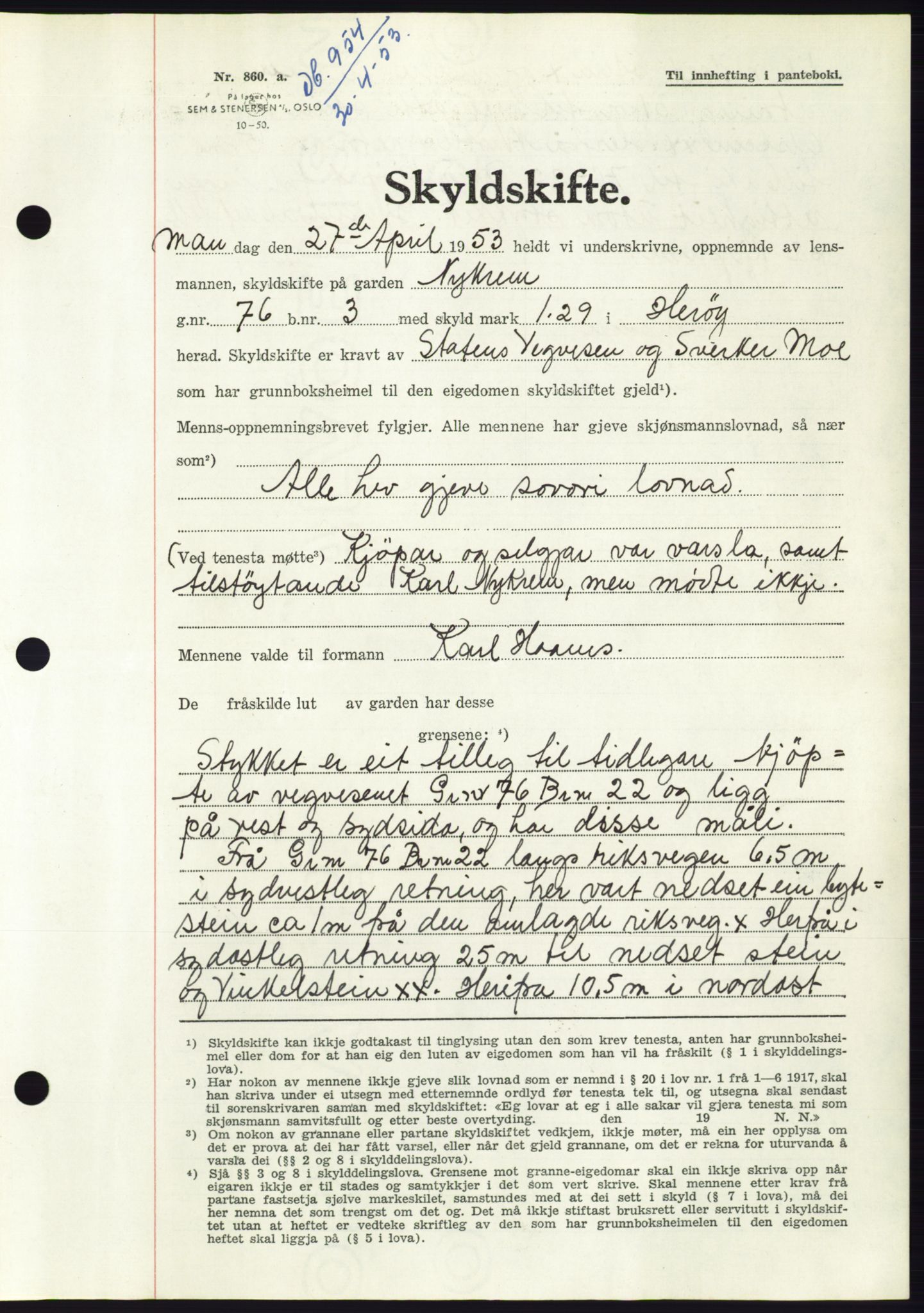 Søre Sunnmøre sorenskriveri, AV/SAT-A-4122/1/2/2C/L0094: Pantebok nr. 20A, 1953-1953, Dagboknr: 954/1953