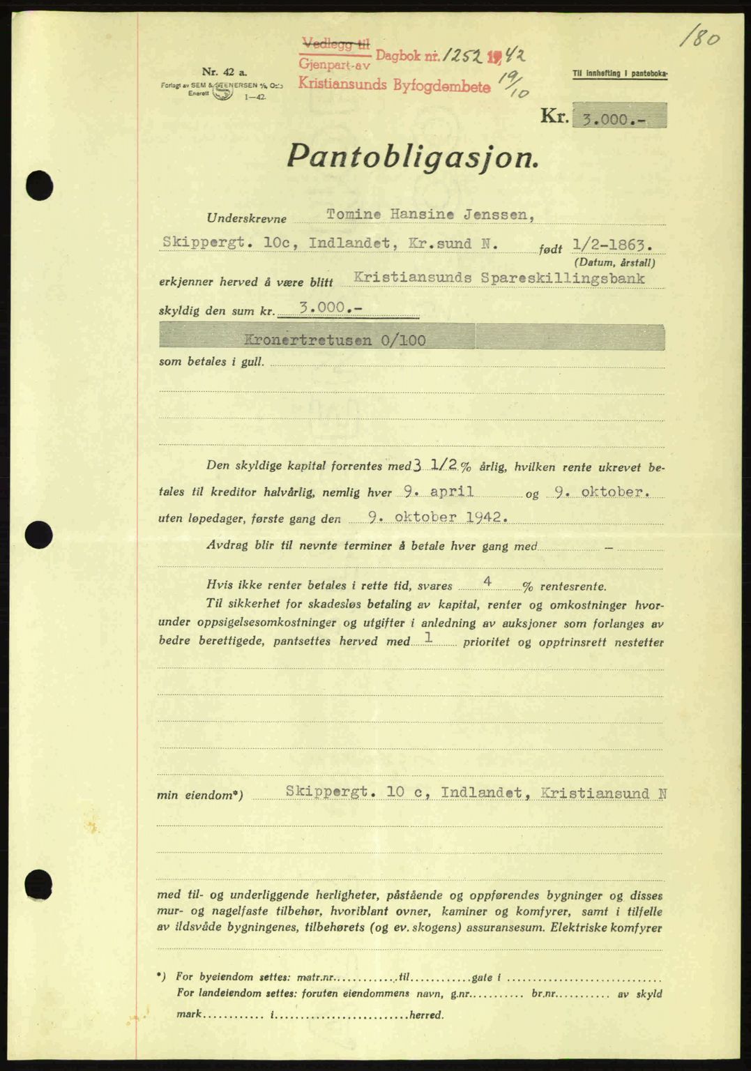 Kristiansund byfogd, SAT/A-4587/A/27: Pantebok nr. 36, 1942-1943, Dagboknr: 1252/1942