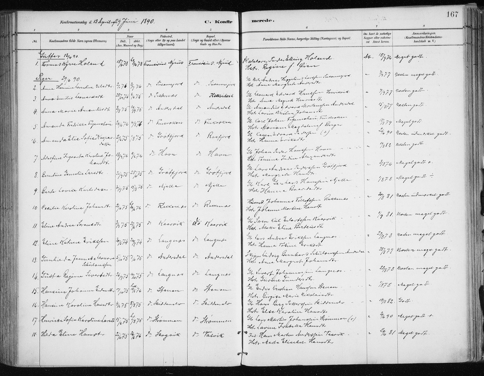 Tromsøysund sokneprestkontor, AV/SATØ-S-1304/G/Ga/L0005kirke: Ministerialbok nr. 5, 1888-1896, s. 167