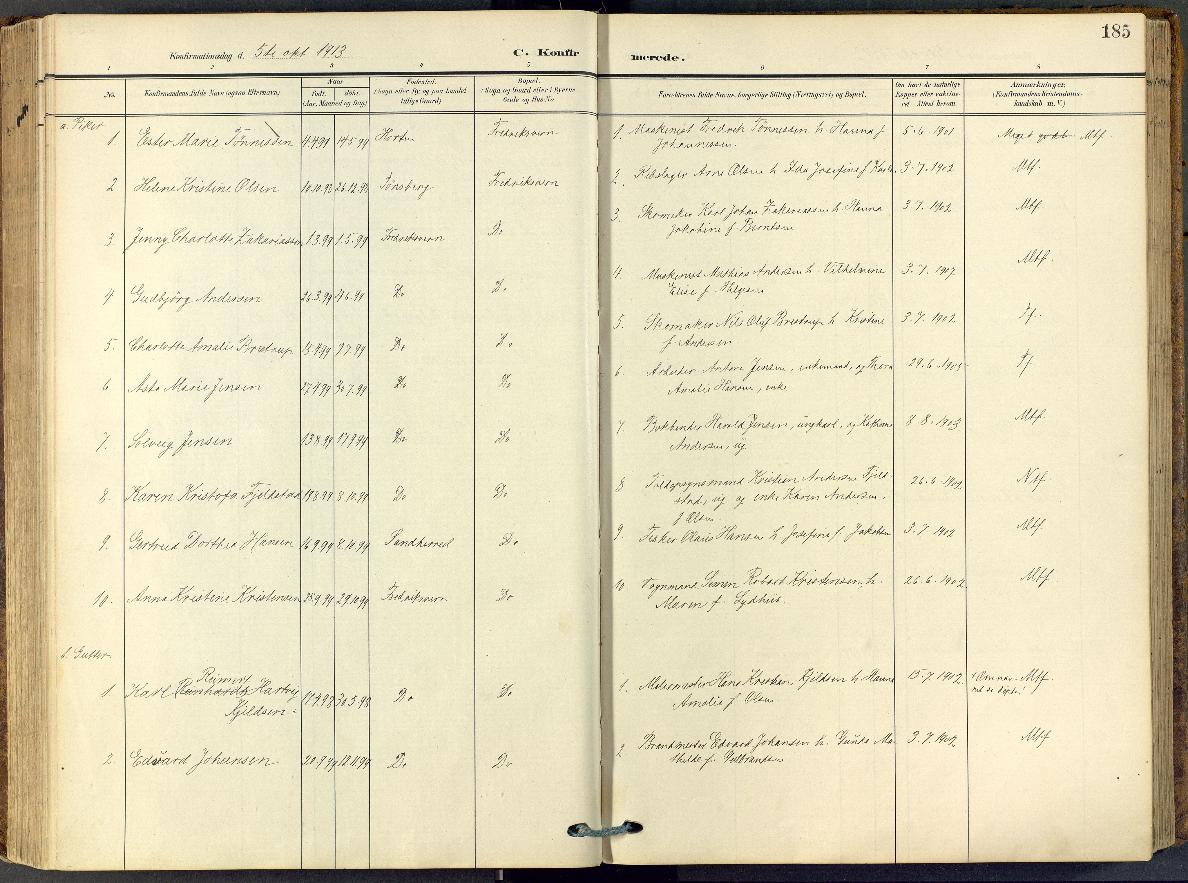 Stavern kirkebøker, SAKO/A-318/F/Fa/L0009: Ministerialbok nr. 9, 1906-1955, s. 185