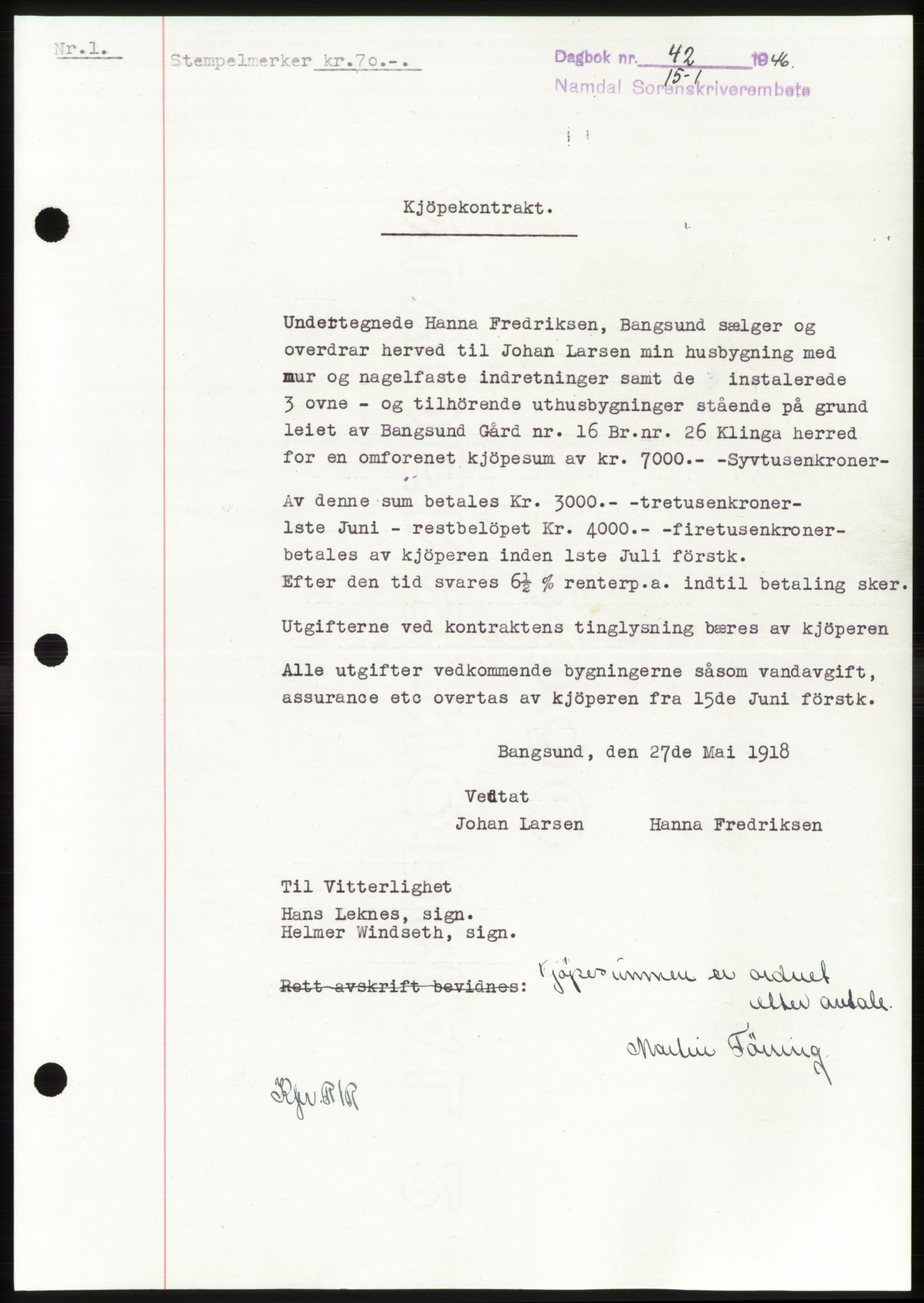 Namdal sorenskriveri, SAT/A-4133/1/2/2C: Pantebok nr. -, 1946-1946, Dagboknr: 42/1946