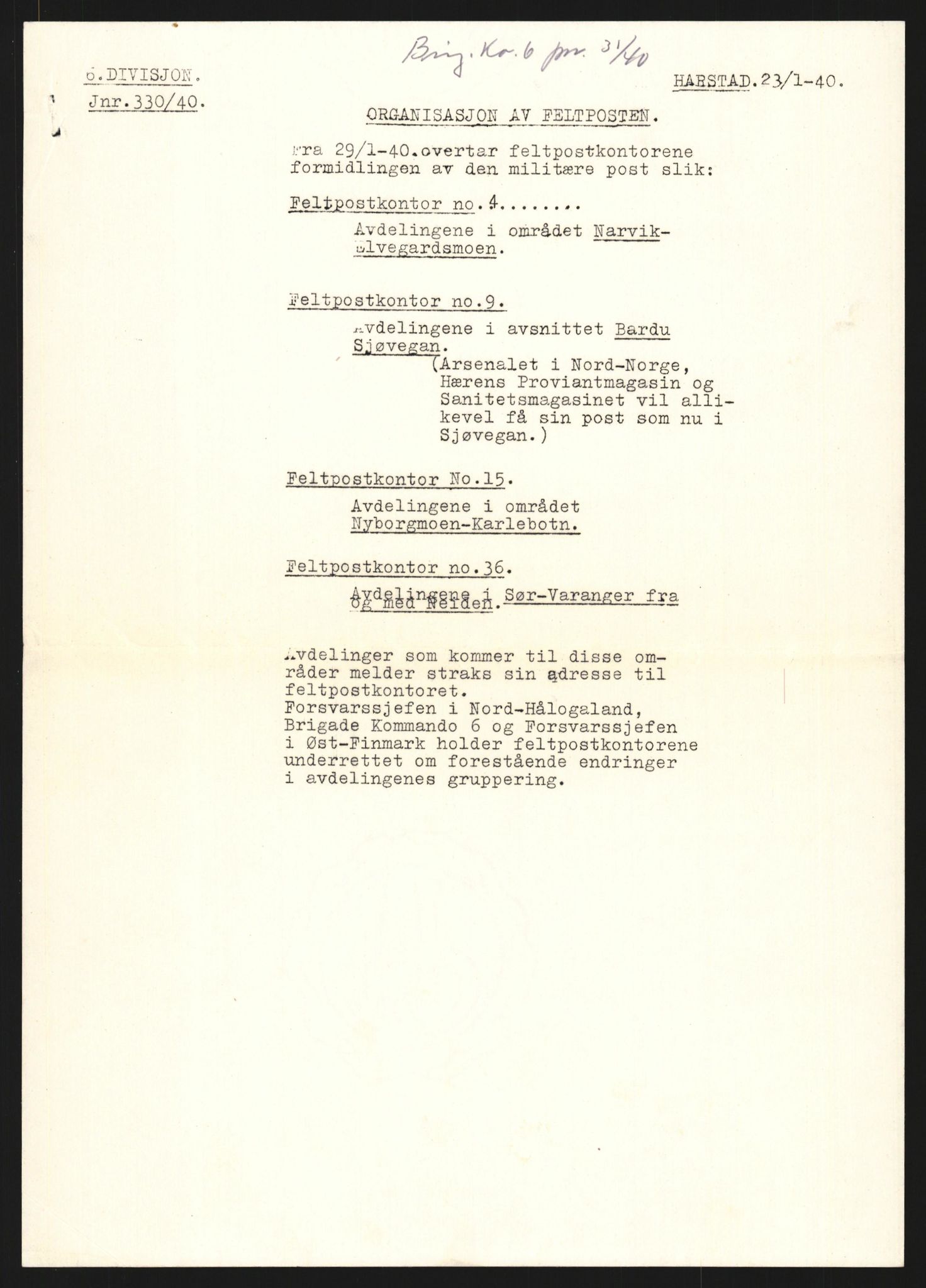 Forsvaret, Forsvarets krigshistoriske avdeling, RA/RAFA-2017/Y/Yb/L0130: II-C-11-600  -  6. Divisjon / 6. Distriktskommando, 1940, s. 436