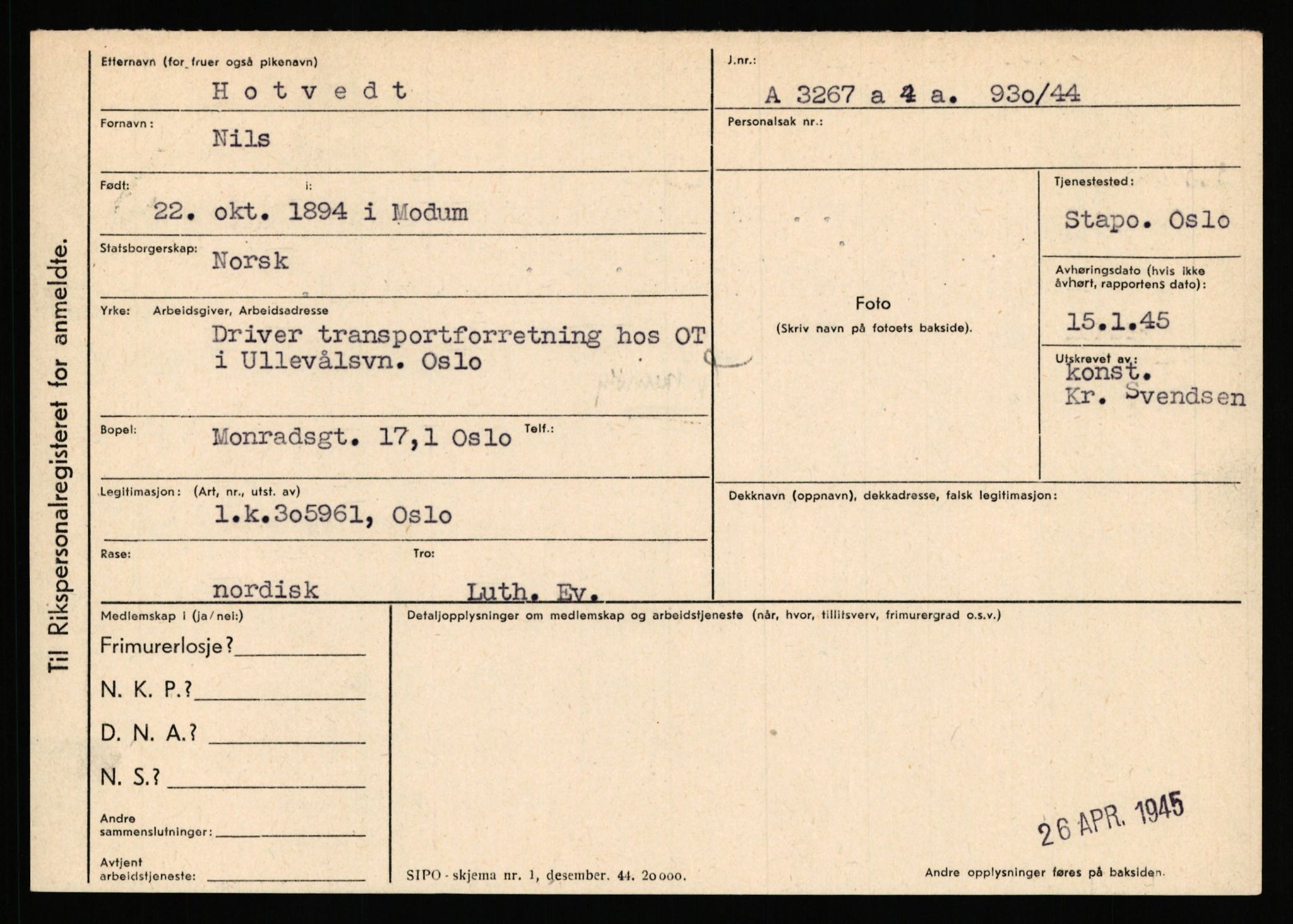 Statspolitiet - Hovedkontoret / Osloavdelingen, AV/RA-S-1329/C/Ca/L0007: Hol - Joelsen, 1943-1945, s. 1066