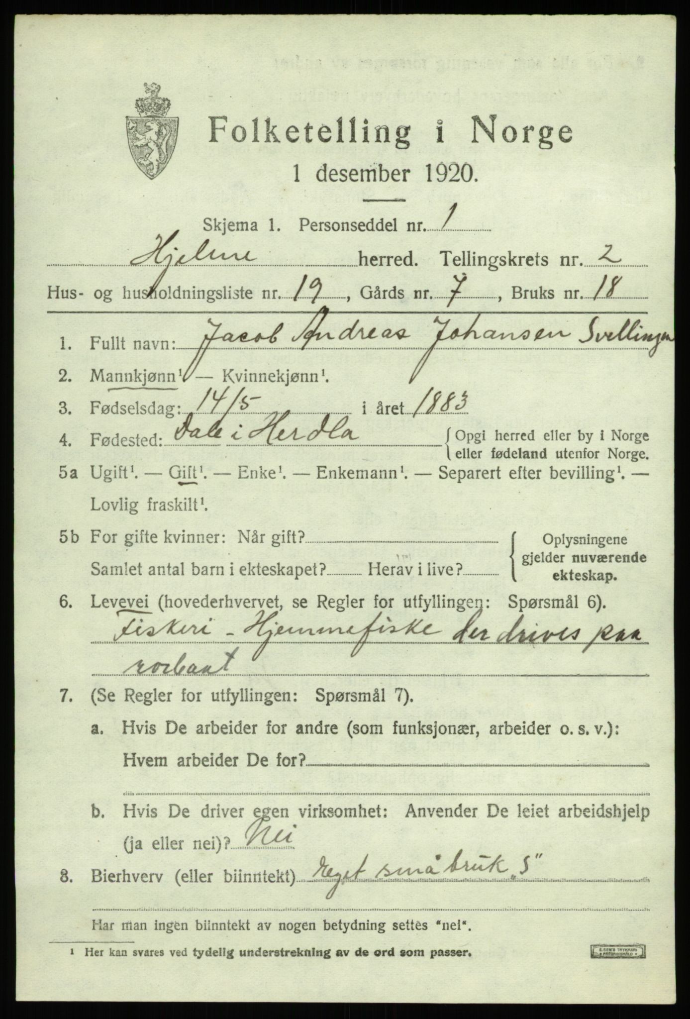 SAB, Folketelling 1920 for 1259 Hjelme herred, 1920, s. 1304