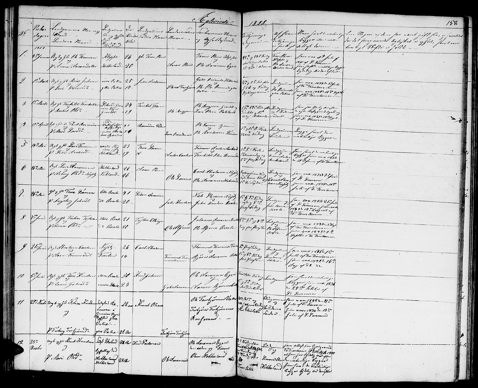Hægebostad sokneprestkontor, SAK/1111-0024/F/Fb/Fbb/L0002: Klokkerbok nr. B 2, 1851-1886, s. 158