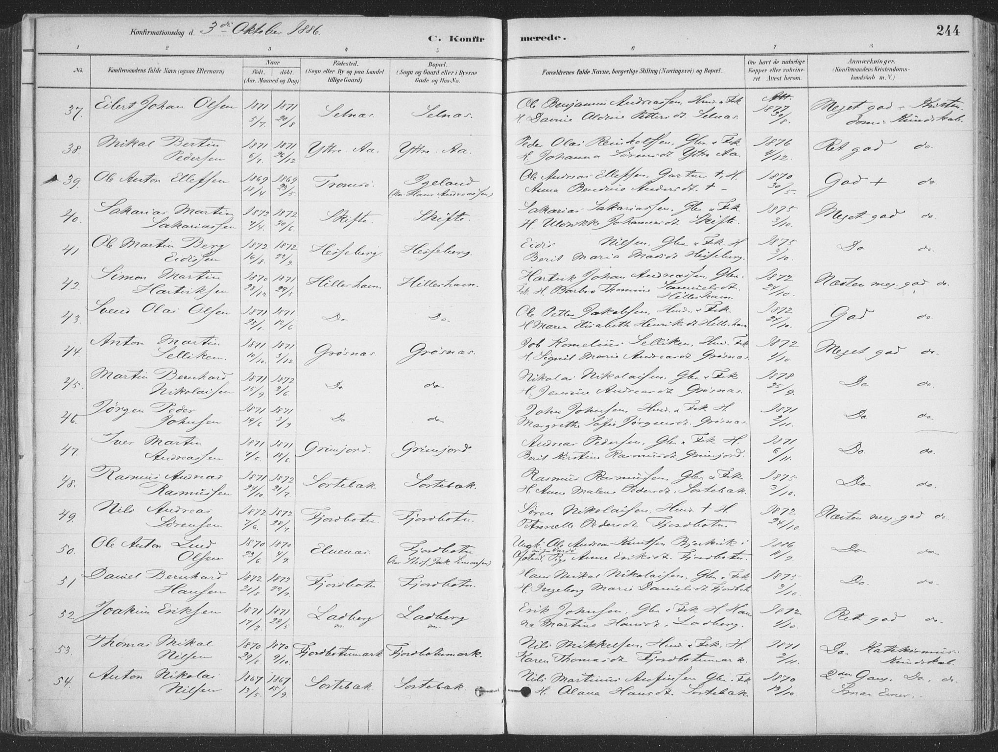 Ibestad sokneprestembete, AV/SATØ-S-0077/H/Ha/Haa/L0011kirke: Ministerialbok nr. 11, 1880-1889, s. 244