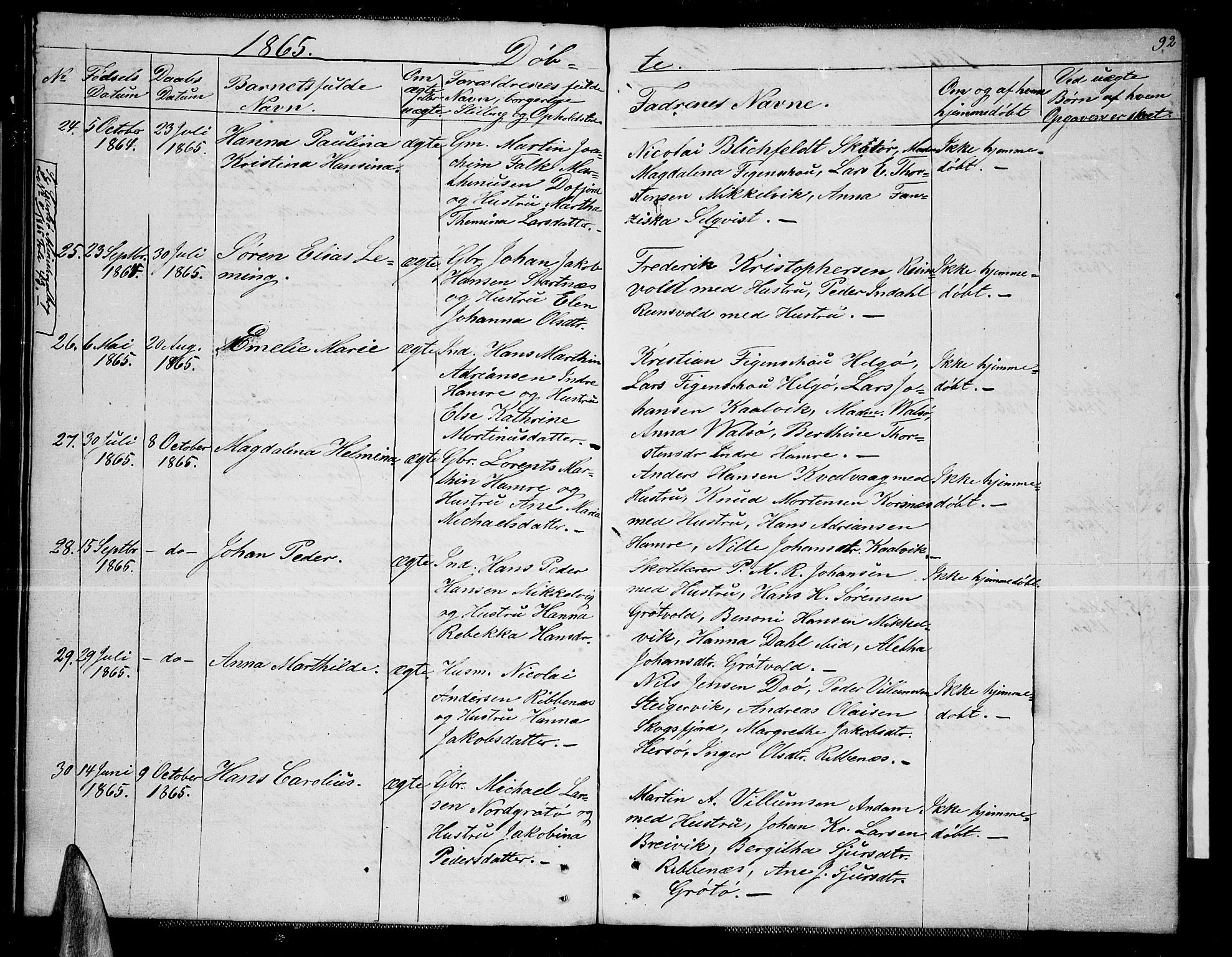 Karlsøy sokneprestembete, AV/SATØ-S-1299/H/Ha/Hab/L0004klokker: Klokkerbok nr. 4, 1845-1870, s. 92
