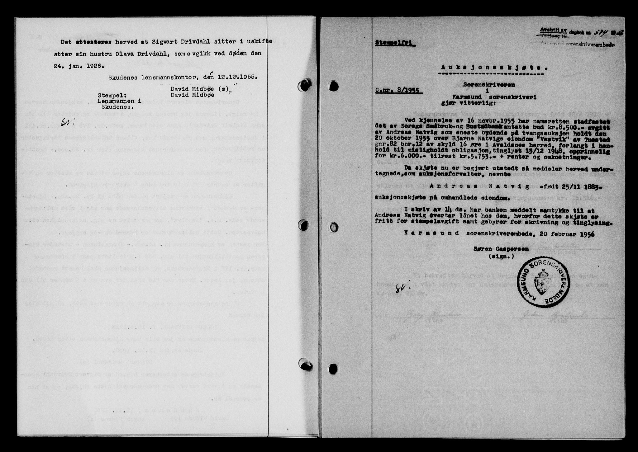 Karmsund sorenskriveri, SAST/A-100311/01/II/IIB/L0118: Pantebok nr. 98A, 1955-1956, Dagboknr: 574/1956