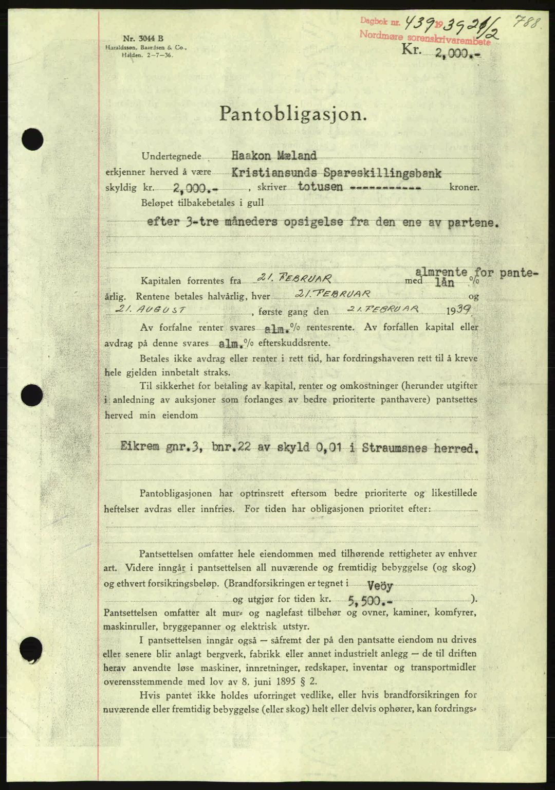 Nordmøre sorenskriveri, SAT/A-4132/1/2/2Ca: Pantebok nr. B84, 1938-1939, Dagboknr: 439/1939