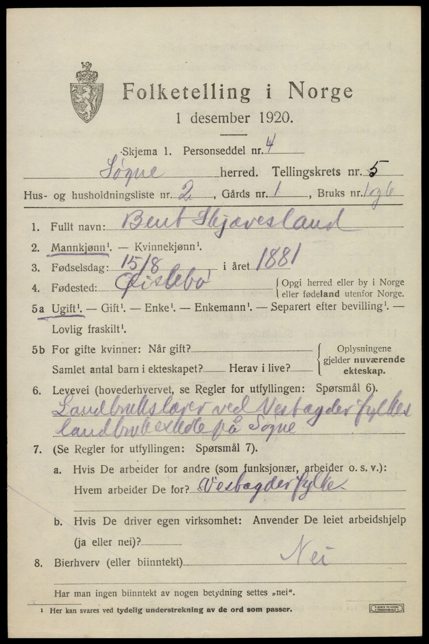 SAK, Folketelling 1920 for 1018 Søgne herred, 1920, s. 2187