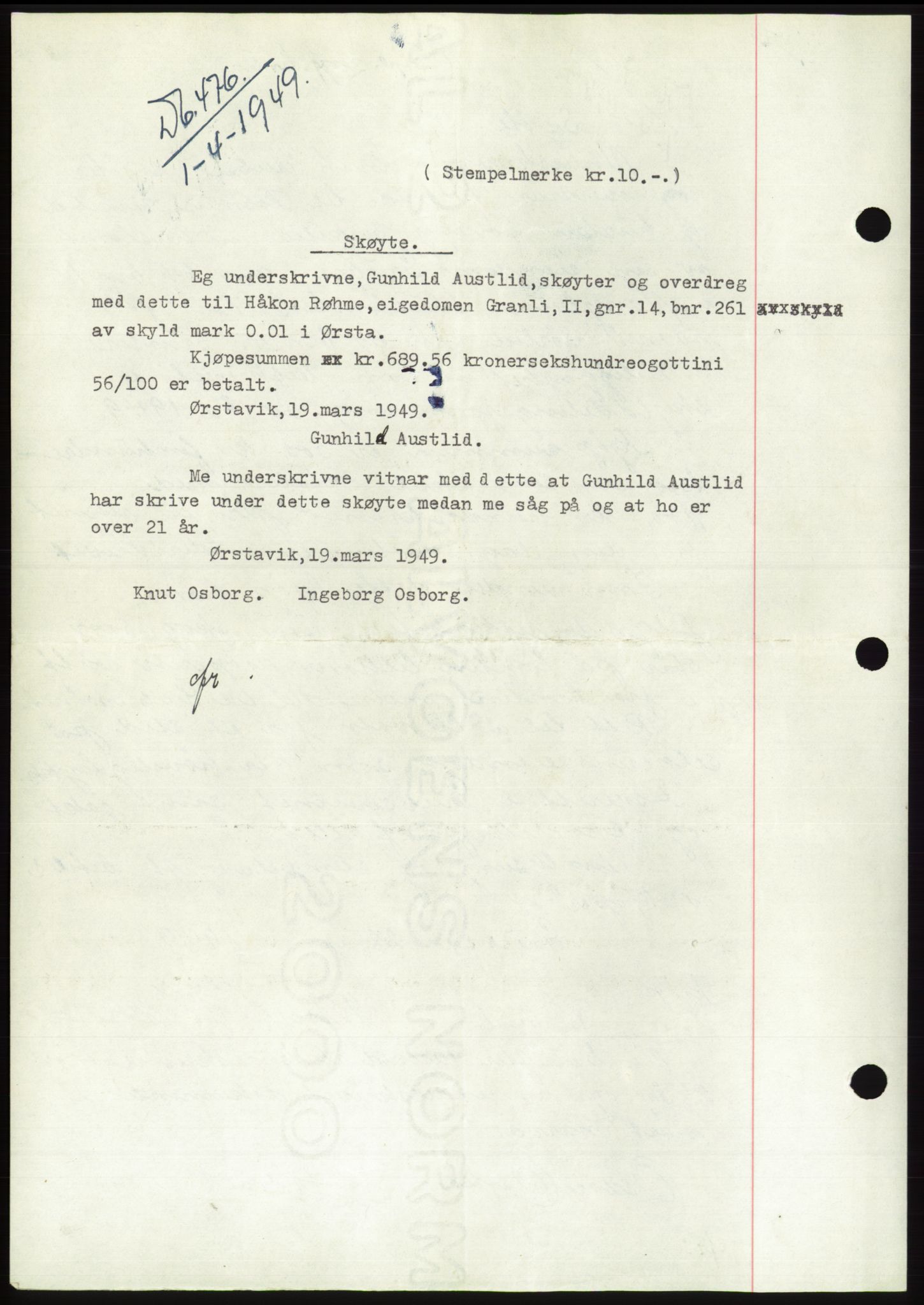Søre Sunnmøre sorenskriveri, SAT/A-4122/1/2/2C/L0084: Pantebok nr. 10A, 1949-1949, Dagboknr: 476/1949