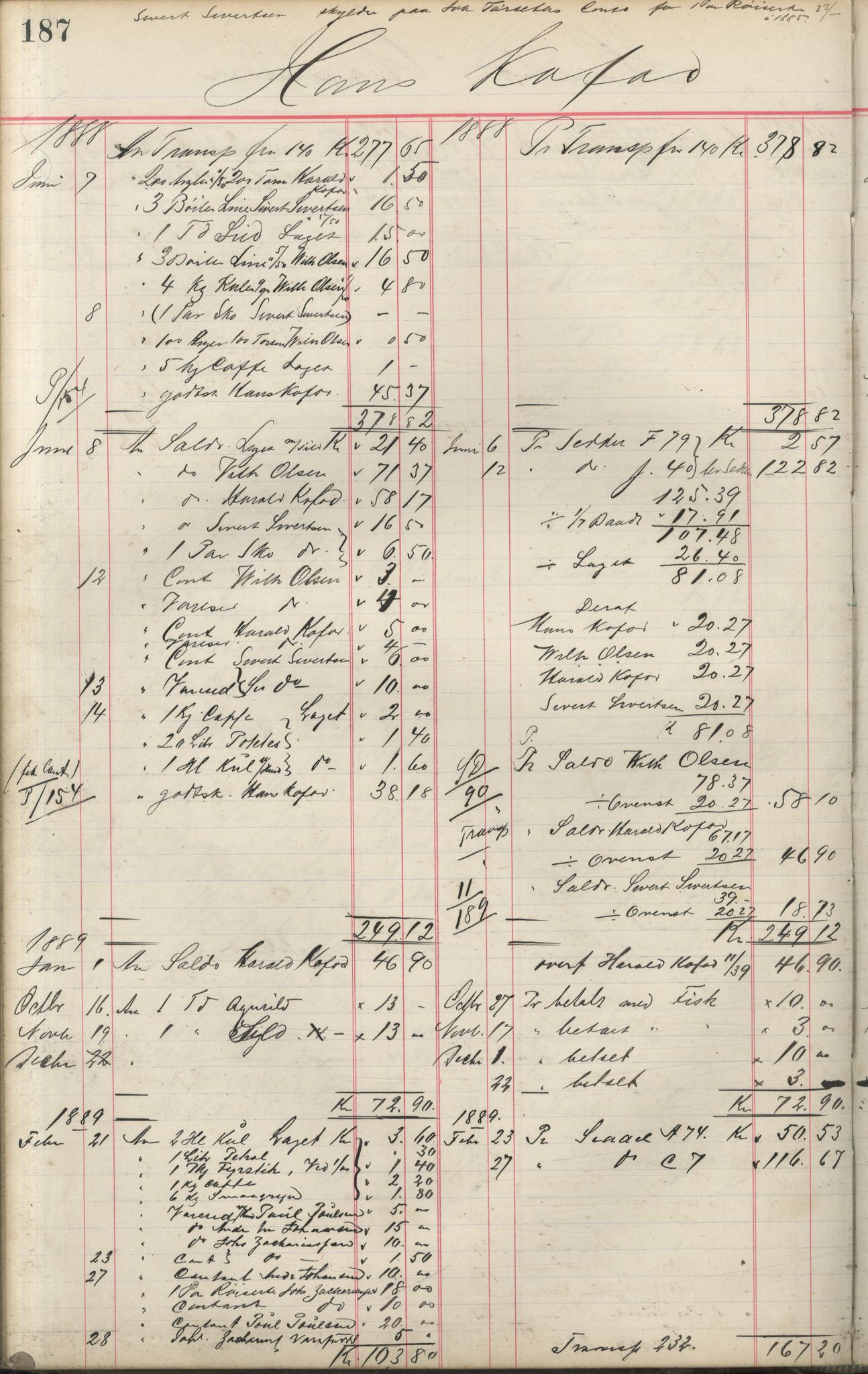 Brodtkorb handel A/S, VAMU/A-0001/F/Fa/L0001/0002: Kompanibøker. Innensogns / Compagnibog for Indensogns Fiskere No 11, 1887-1889, s. 187