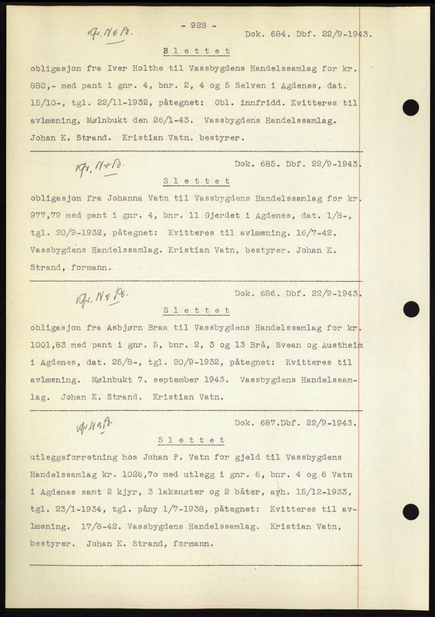 Hitra sorenskriveri, AV/SAT-A-0018/2/2C/2Ca: Pantebok nr. C1, 1936-1945, Dagboknr: 684/1943