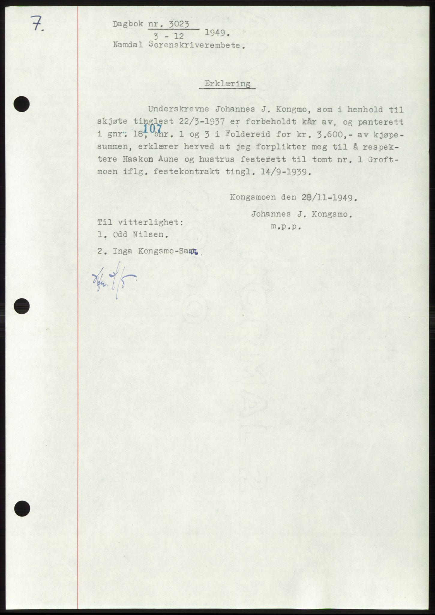 Namdal sorenskriveri, SAT/A-4133/1/2/2C: Pantebok nr. -, 1949-1949, Dagboknr: 3023/1949