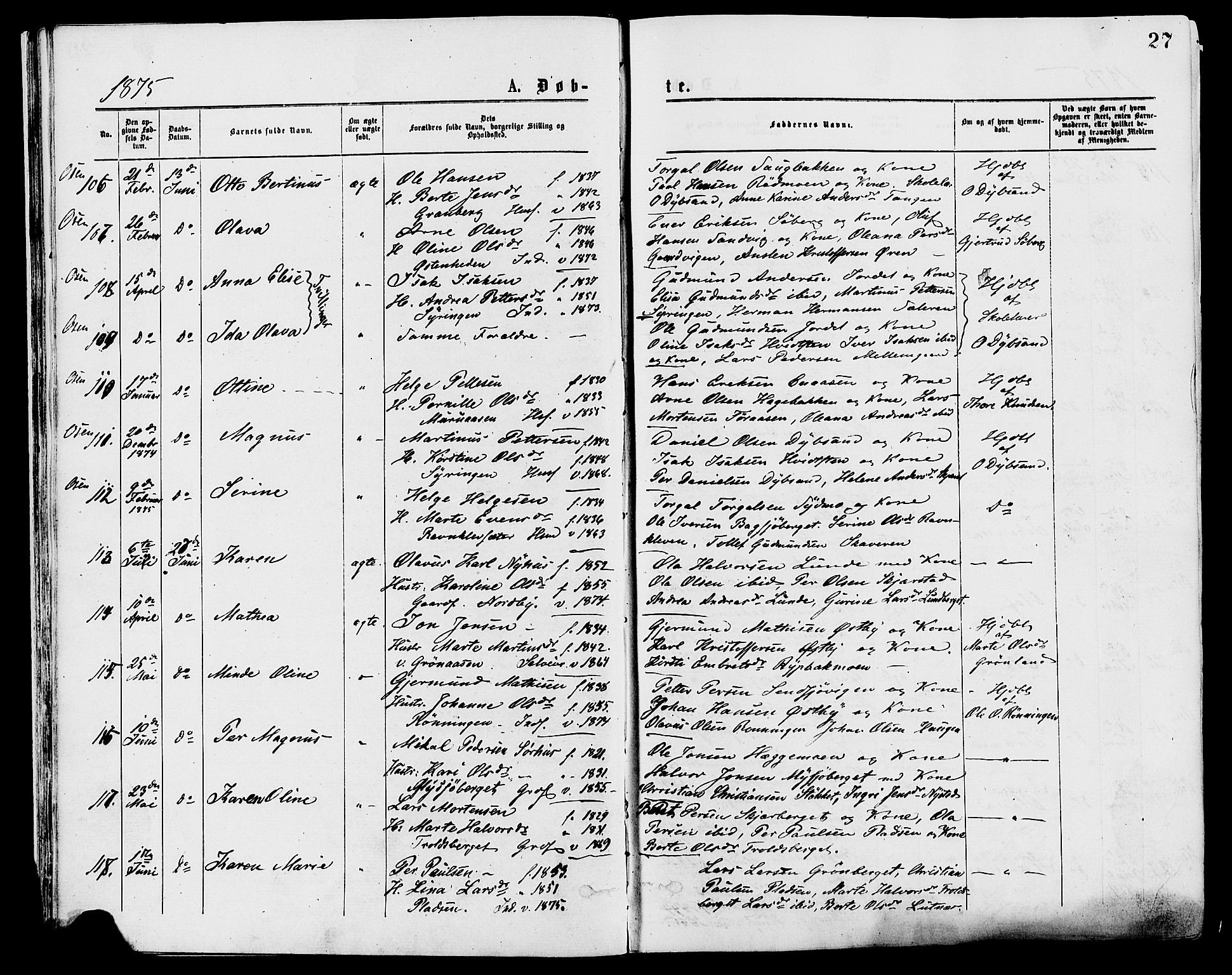 Trysil prestekontor, AV/SAH-PREST-046/H/Ha/Haa/L0007: Ministerialbok nr. 7, 1874-1880, s. 27
