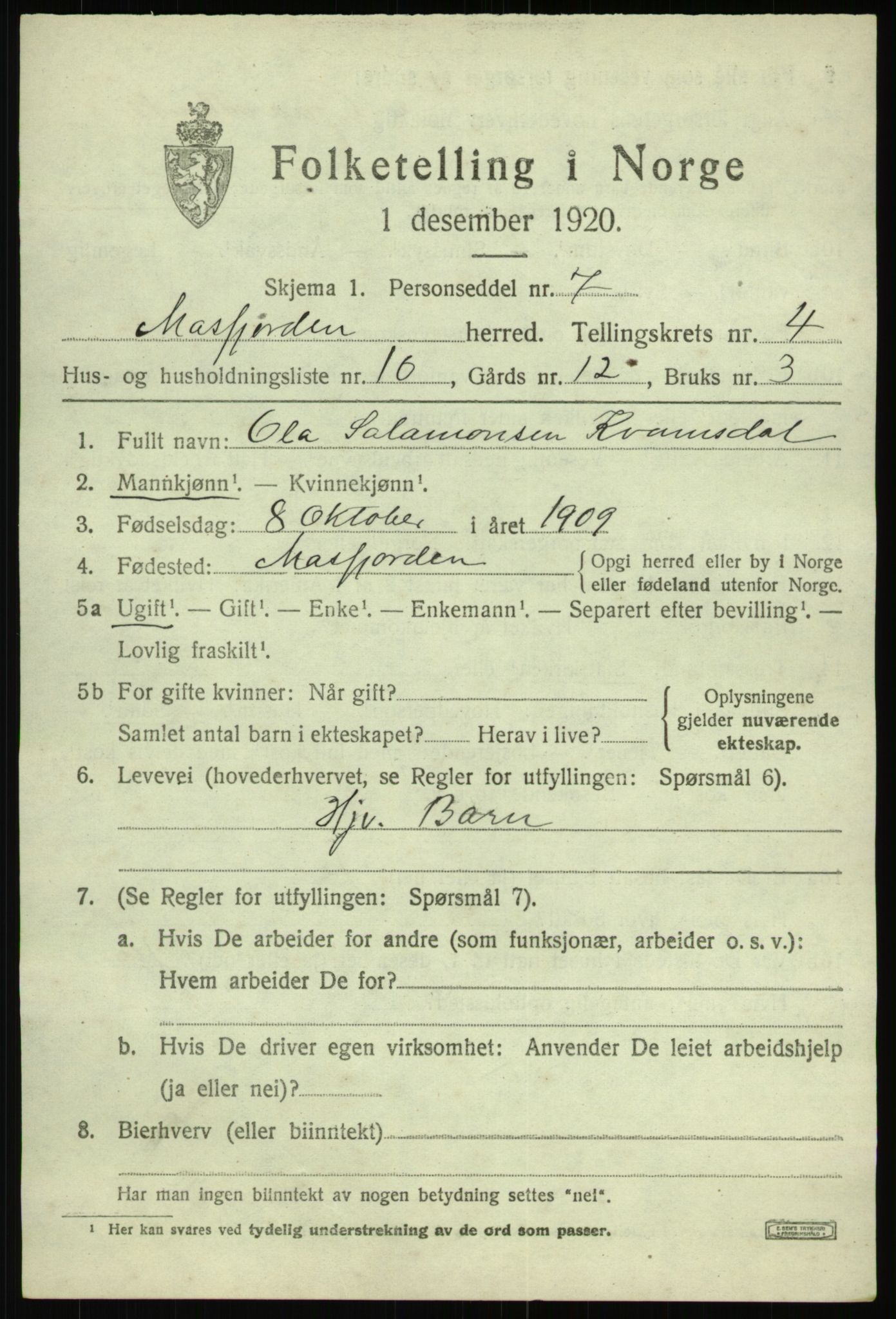 SAB, Folketelling 1920 for 1266 Masfjorden herred, 1920, s. 1839