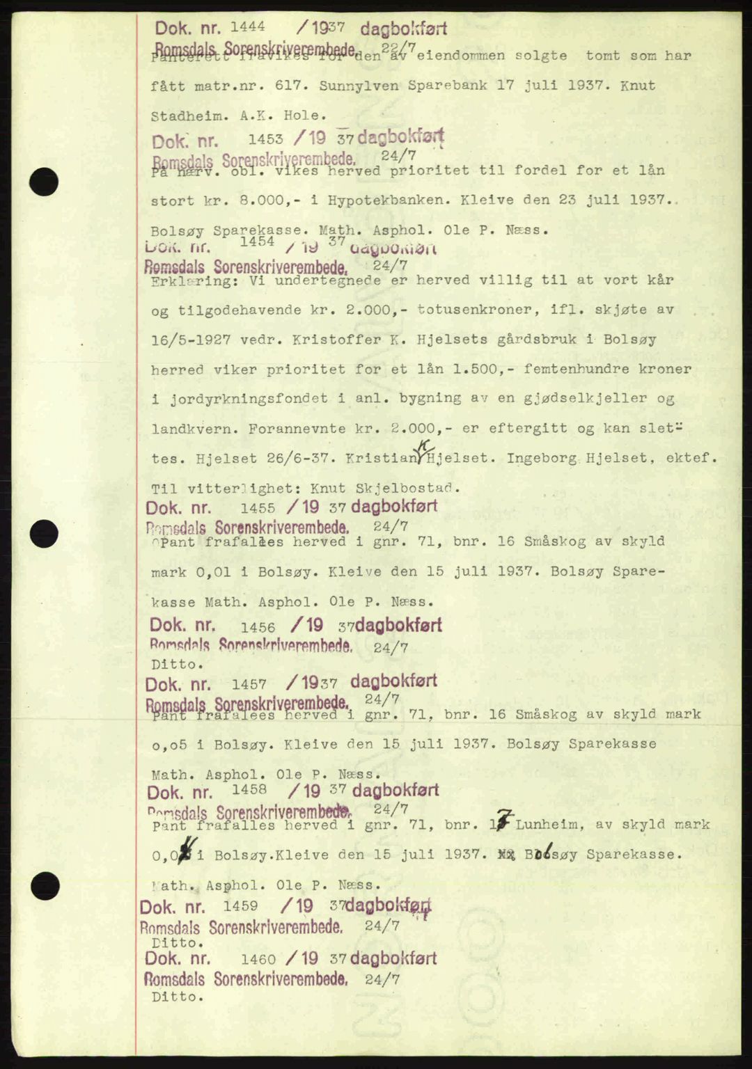 Romsdal sorenskriveri, AV/SAT-A-4149/1/2/2C: Pantebok nr. C1a, 1936-1945, Dagboknr: 1444/1937