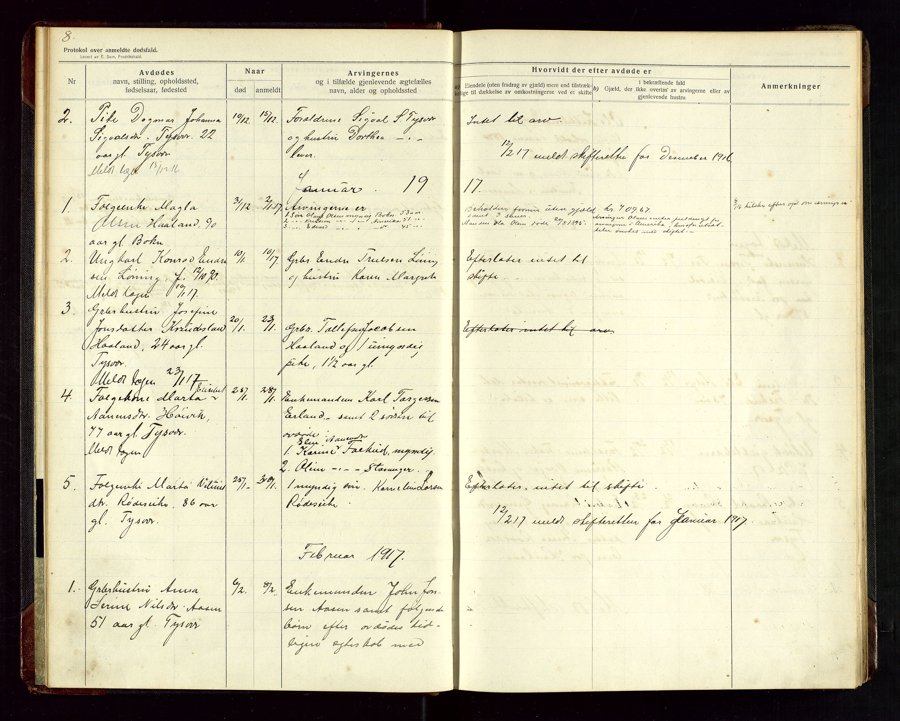 Tysvær lensmannskontor, AV/SAST-A-100192/Gga/L0003: "Protokol over anmeldte dødsfald i Tysvær" med register, 1916-1926, s. 8