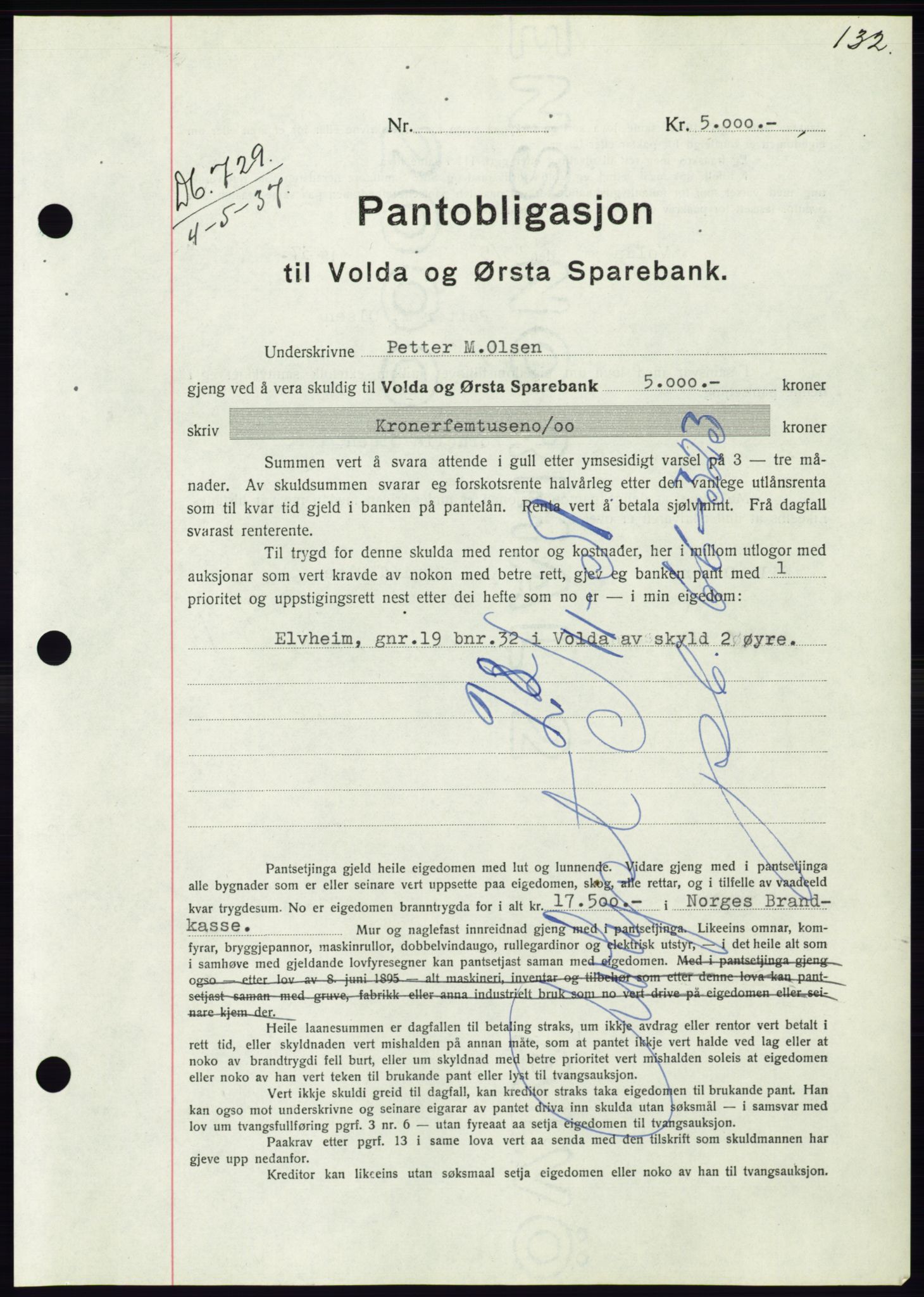 Søre Sunnmøre sorenskriveri, AV/SAT-A-4122/1/2/2C/L0063: Pantebok nr. 57, 1937-1937, Dagboknr: 729/1937