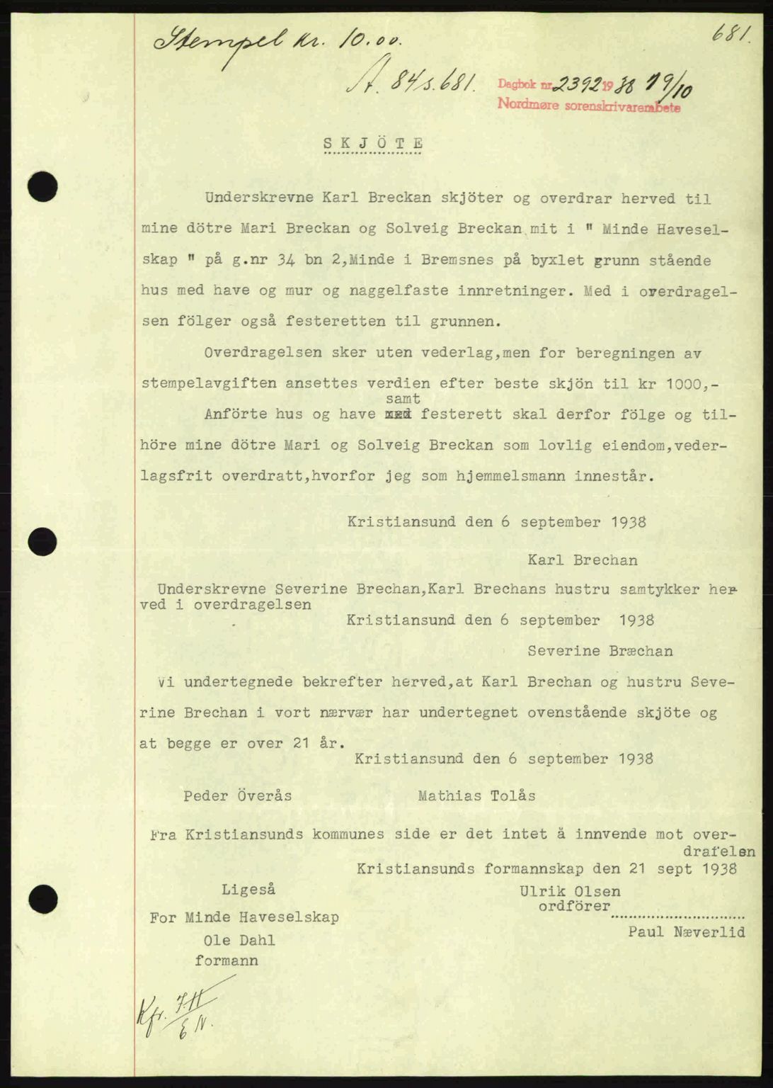 Nordmøre sorenskriveri, SAT/A-4132/1/2/2Ca: Pantebok nr. A84, 1938-1938, Dagboknr: 2392/1938