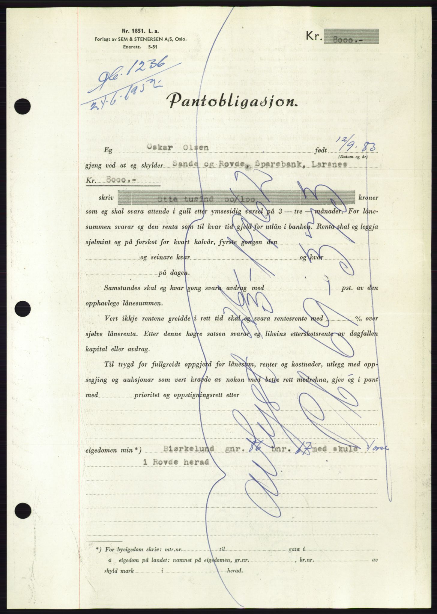 Søre Sunnmøre sorenskriveri, AV/SAT-A-4122/1/2/2C/L0121: Pantebok nr. 9B, 1951-1952, Dagboknr: 1236/1952