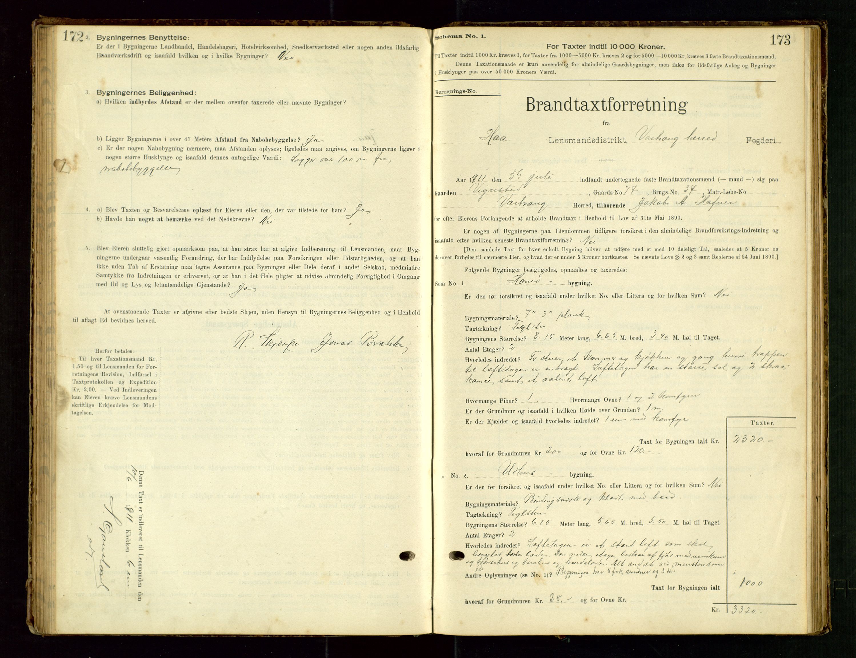 Hå lensmannskontor, SAST/A-100456/Goa/L0003: Takstprotokoll (skjema), 1895-1911, s. 172-173