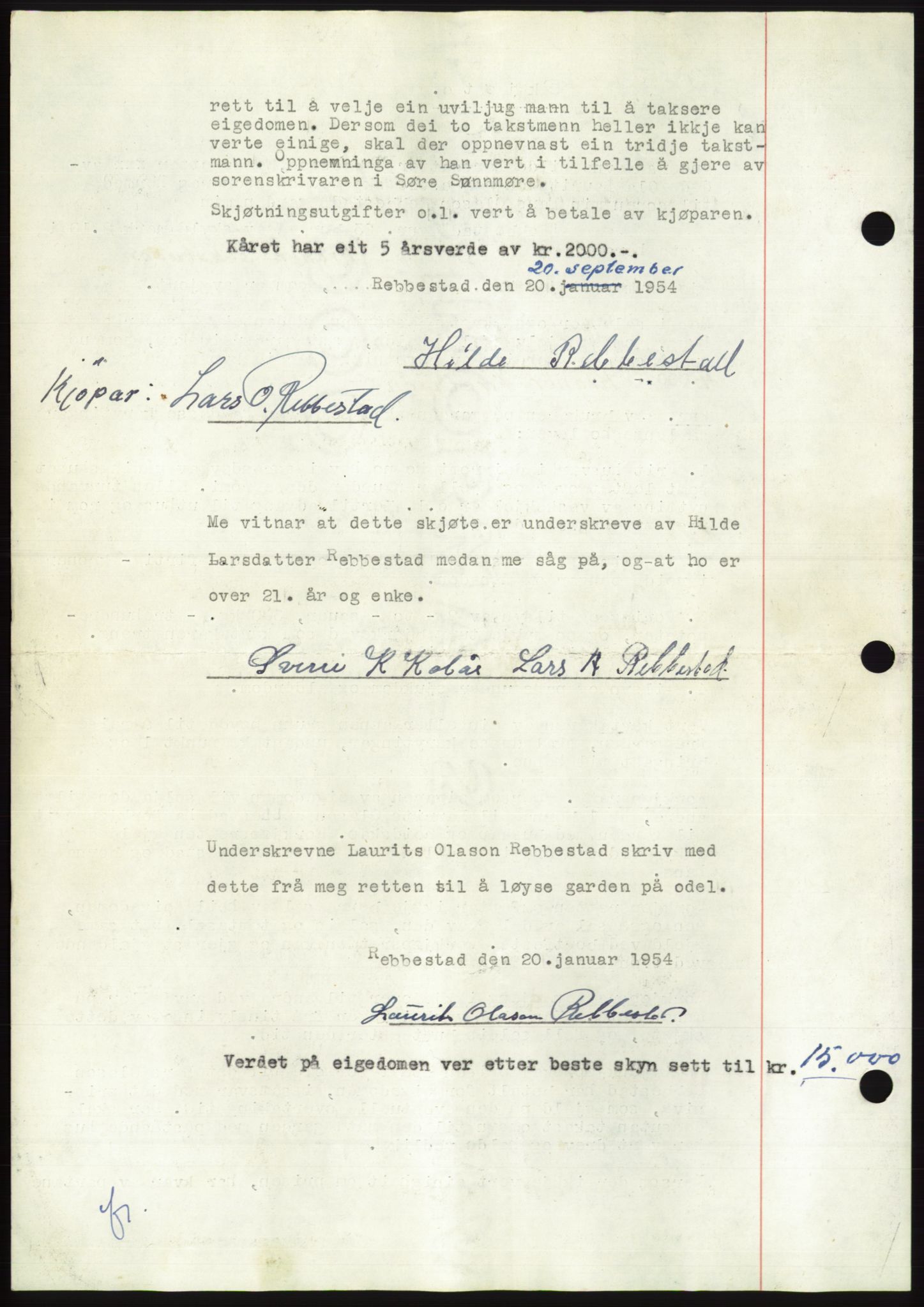 Søre Sunnmøre sorenskriveri, AV/SAT-A-4122/1/2/2C/L0099: Pantebok nr. 25A, 1954-1954, Dagboknr: 2568/1954