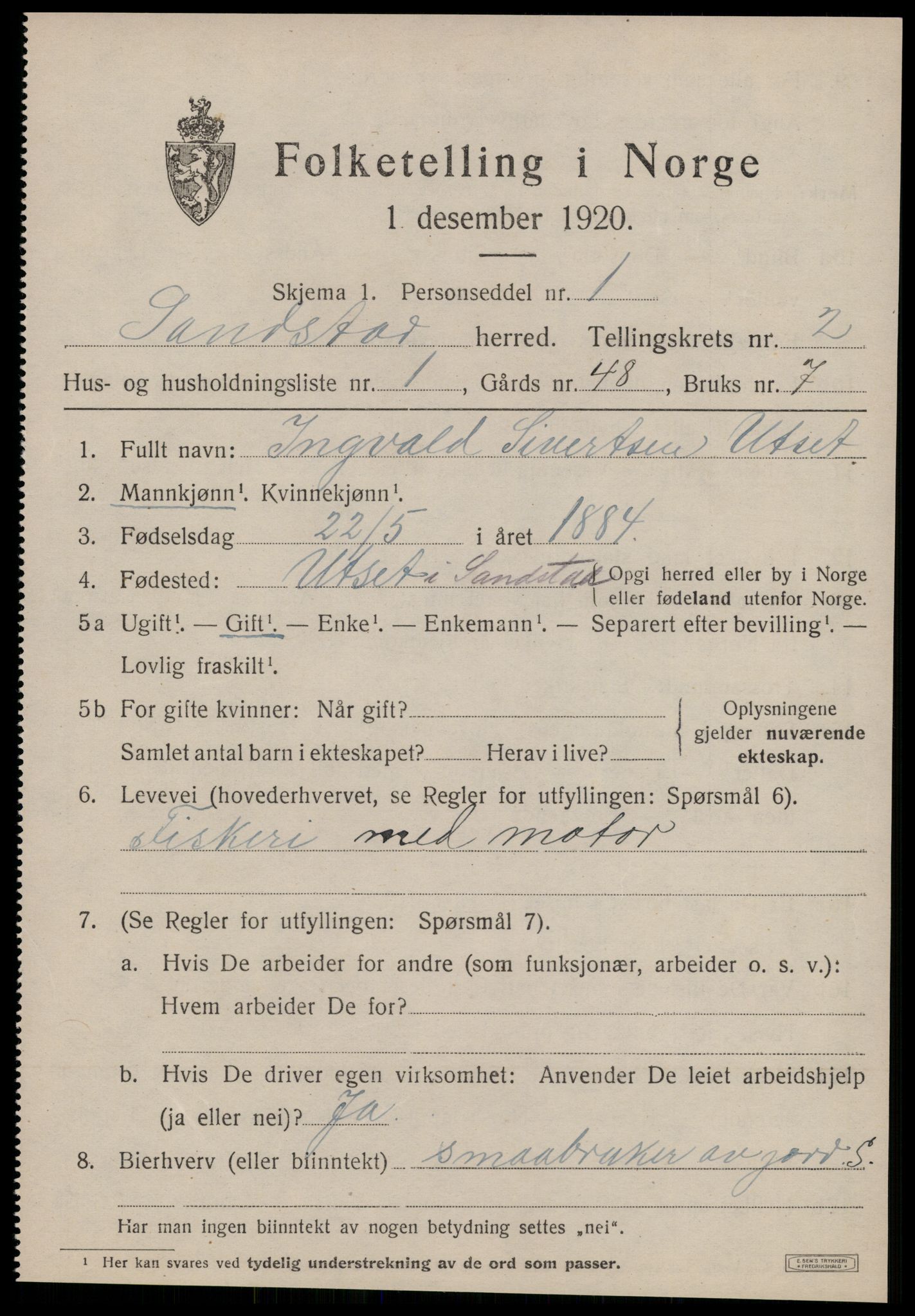SAT, Folketelling 1920 for 1615 Sandstad herred, 1920, s. 649