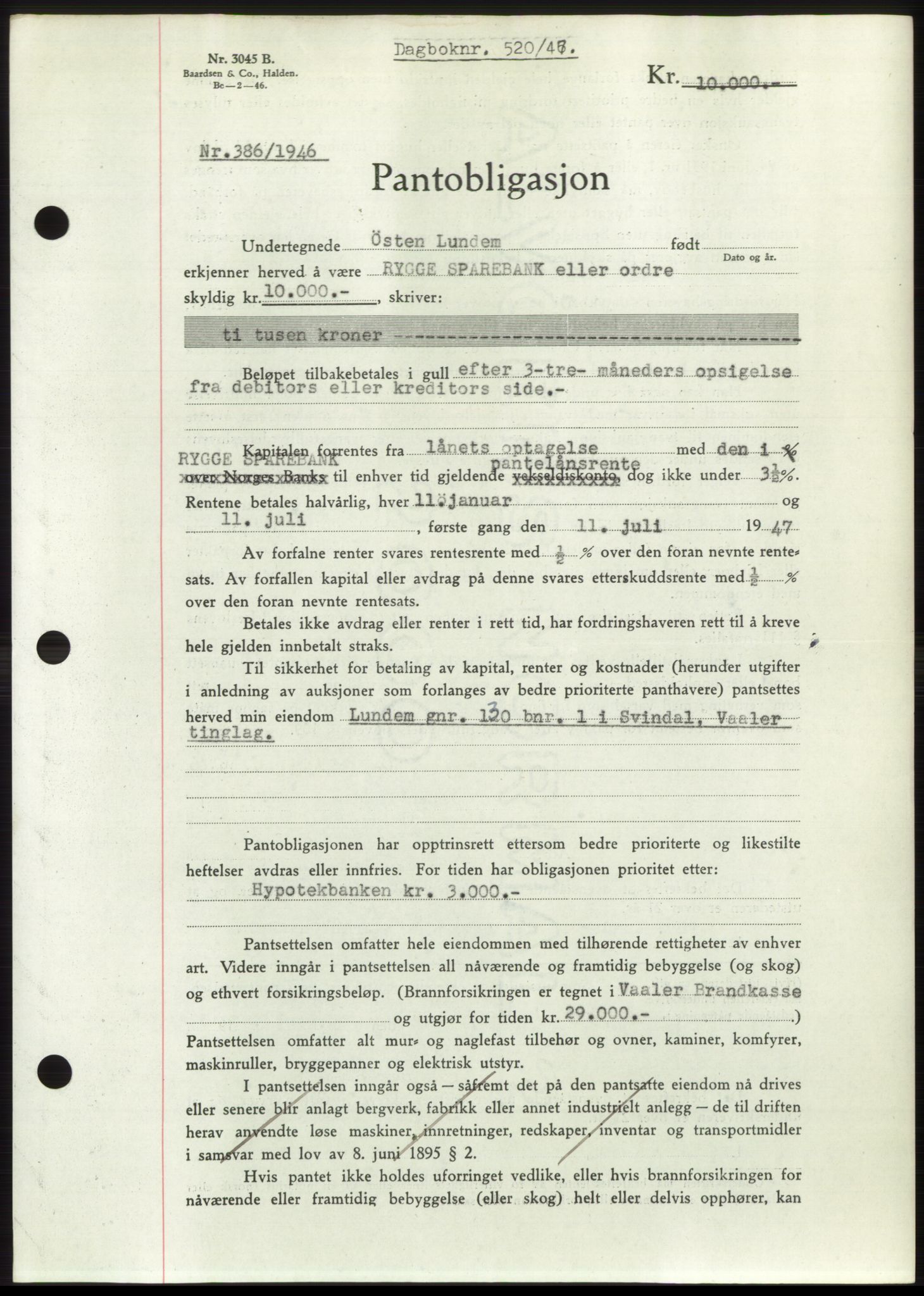 Moss sorenskriveri, SAO/A-10168: Pantebok nr. B16, 1946-1947, Dagboknr: 520/1947
