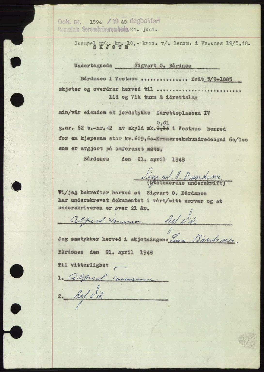 Romsdal sorenskriveri, SAT/A-4149/1/2/2C: Pantebok nr. A26, 1948-1948, Dagboknr: 1594/1948