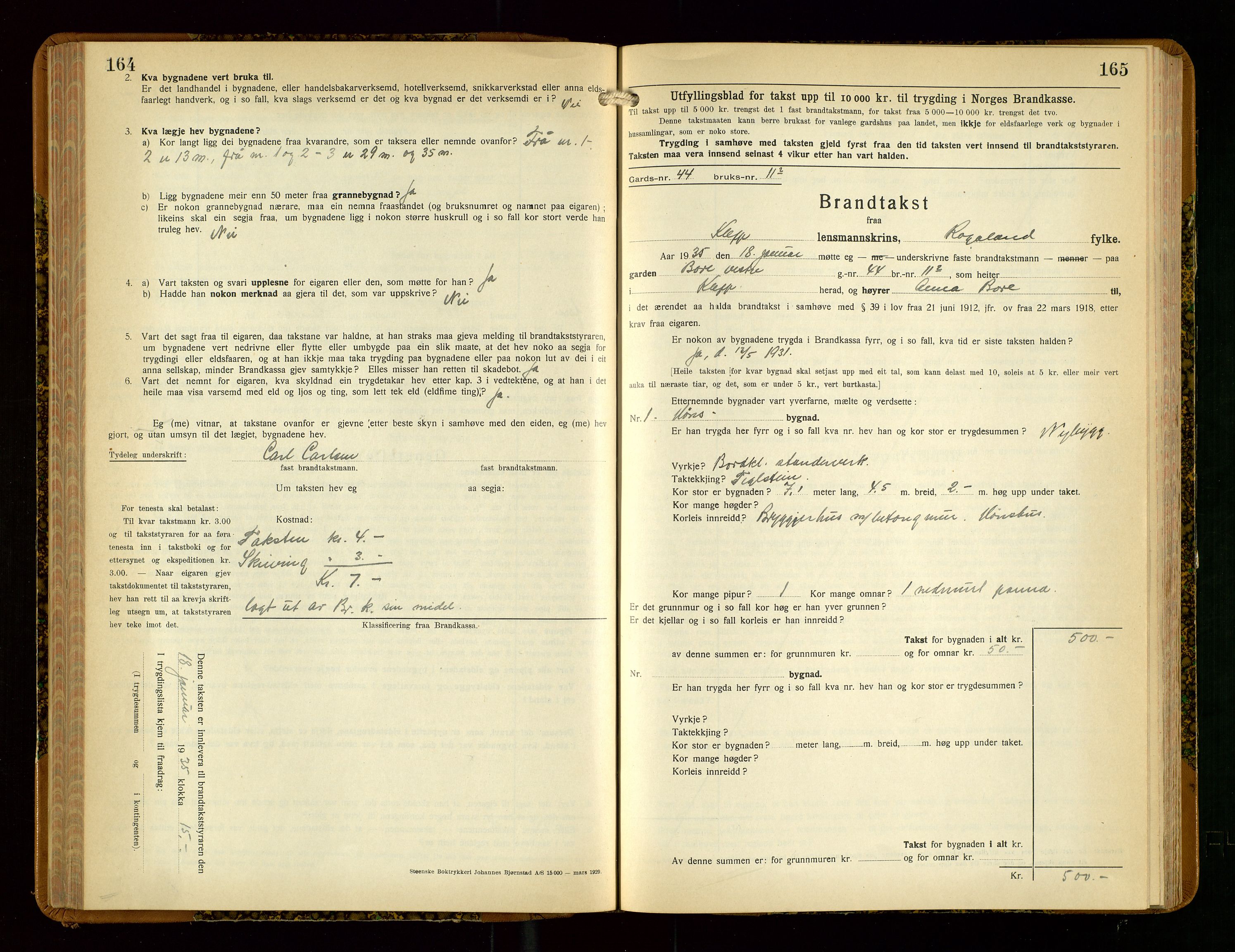 Klepp lensmannskontor, SAST/A-100163/Goc/L0013: "Brandtakstbok" m/register, 1933-1937, s. 164-165