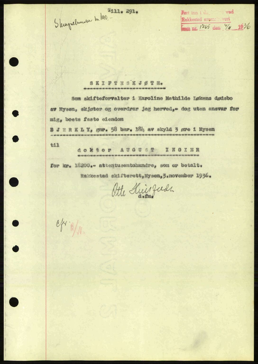 Rakkestad sorenskriveri, SAO/A-10686/G/Gb/Gba/Gbab/L0001: Pantebok nr. A1, 1936-1937, Dagboknr: 1765/1936