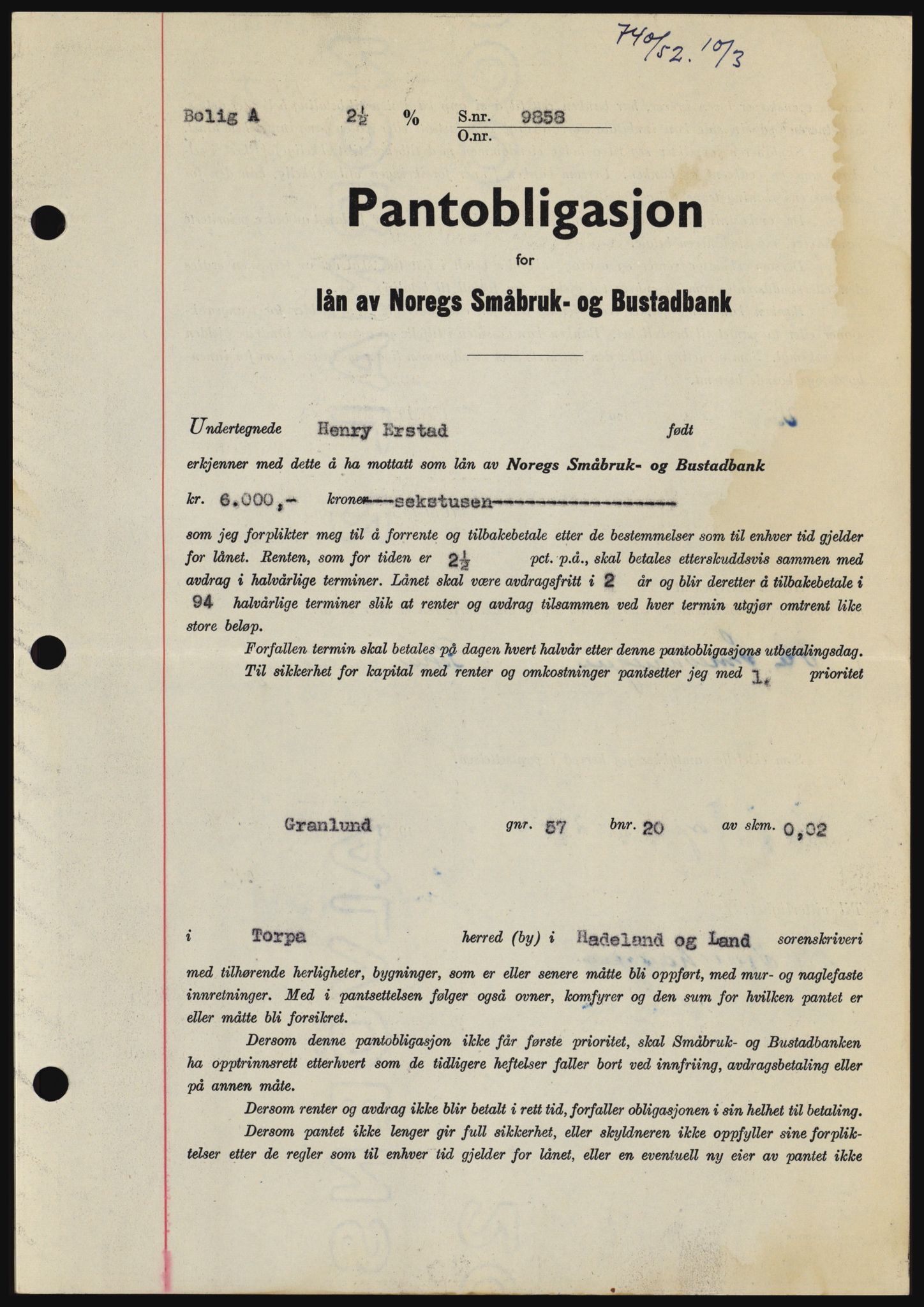 Hadeland og Land tingrett, SAH/TING-010/H/Hb/Hbc/L0023: Pantebok nr. B23, 1952-1952, Dagboknr: 740/1952