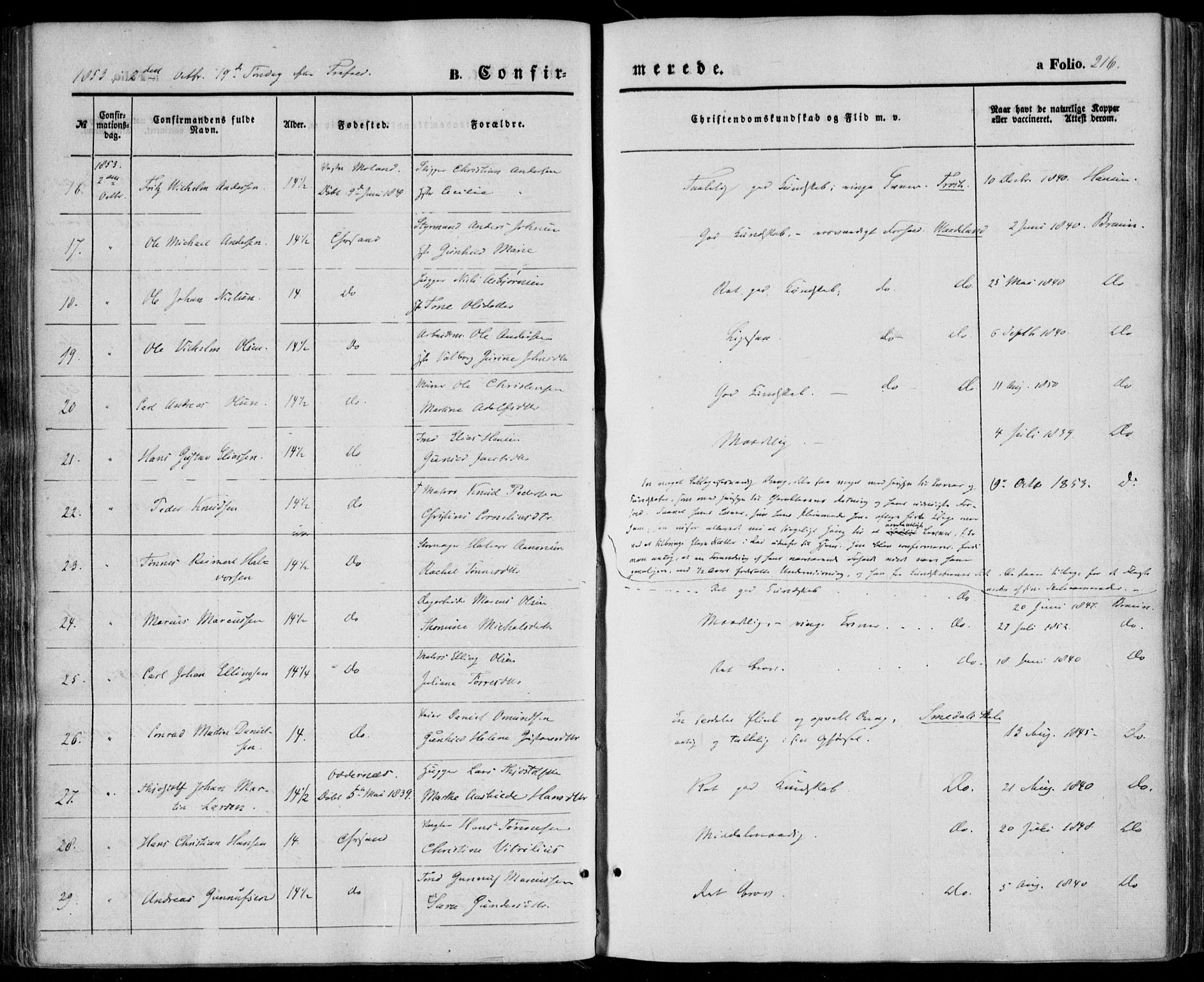 Kristiansand domprosti, AV/SAK-1112-0006/F/Fa/L0014: Ministerialbok nr. A 14, 1852-1867, s. 216