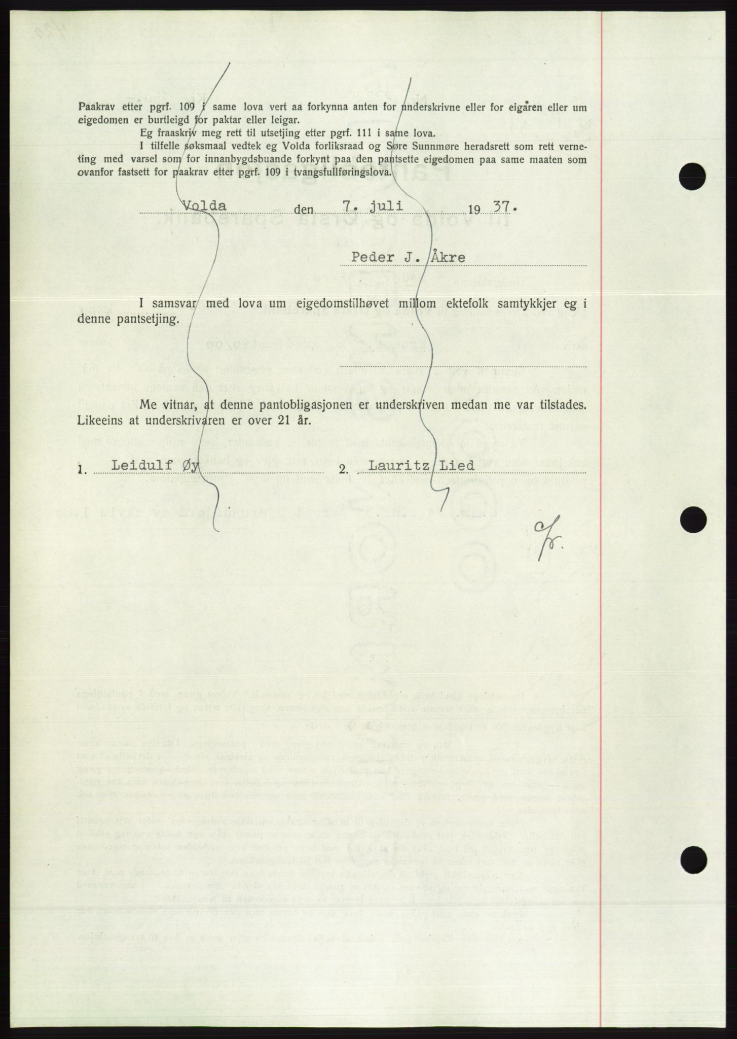 Søre Sunnmøre sorenskriveri, AV/SAT-A-4122/1/2/2C/L0063: Pantebok nr. 57, 1937-1937, Dagboknr: 1104/1937