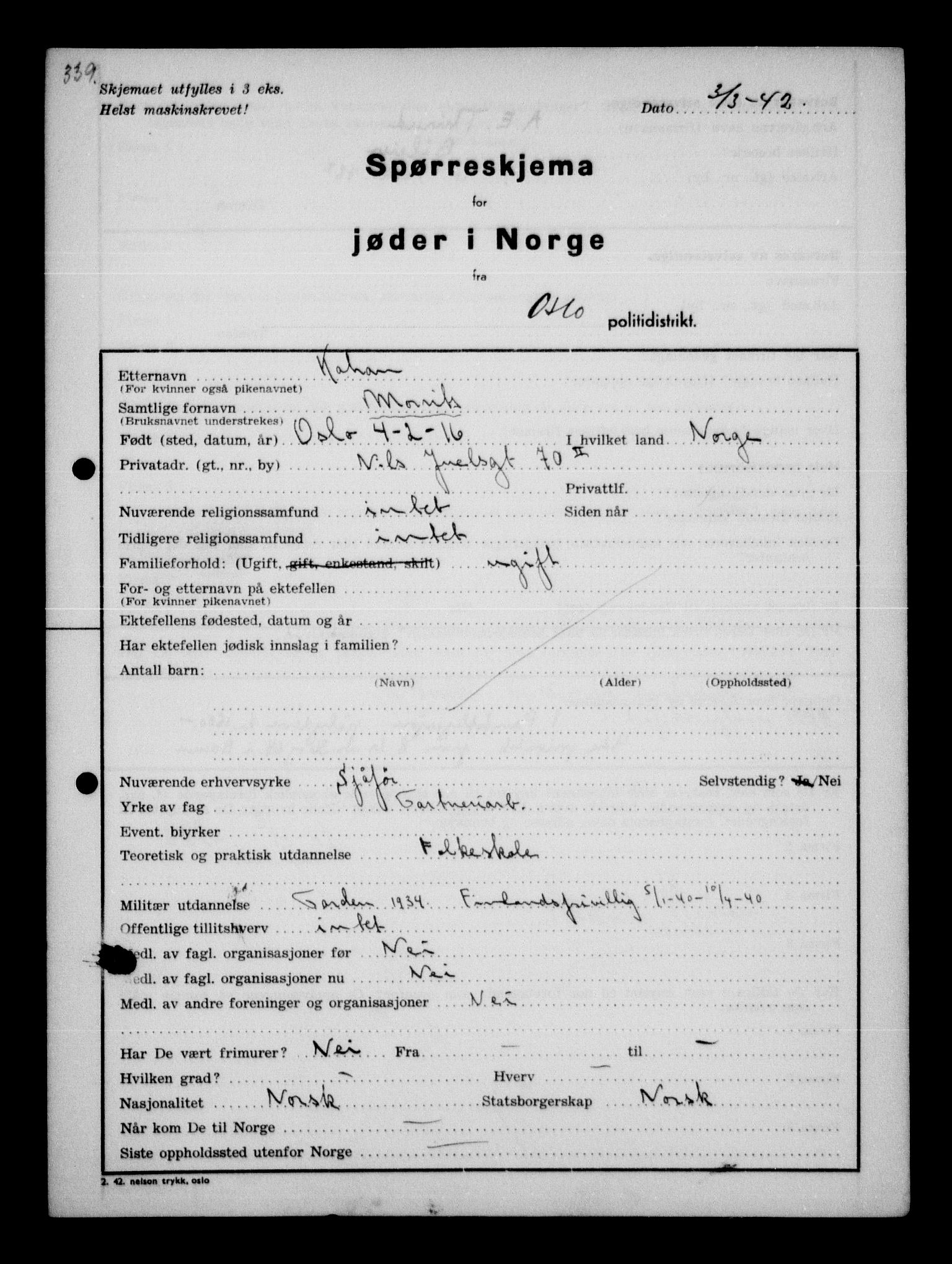 Statspolitiet - Hovedkontoret / Osloavdelingen, AV/RA-S-1329/G/Ga/L0010: Spørreskjema for jøder i Norge: Jøder bosatt i Oslo, Hansen - Pintzow, 1942, s. 233