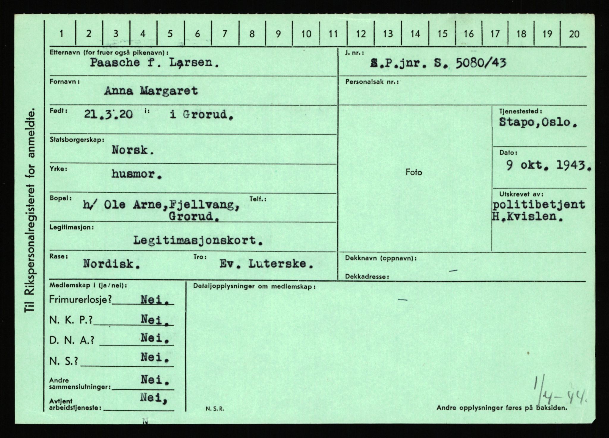 Statspolitiet - Hovedkontoret / Osloavdelingen, AV/RA-S-1329/C/Ca/L0012: Oanæs - Quistgaard	, 1943-1945, s. 2866