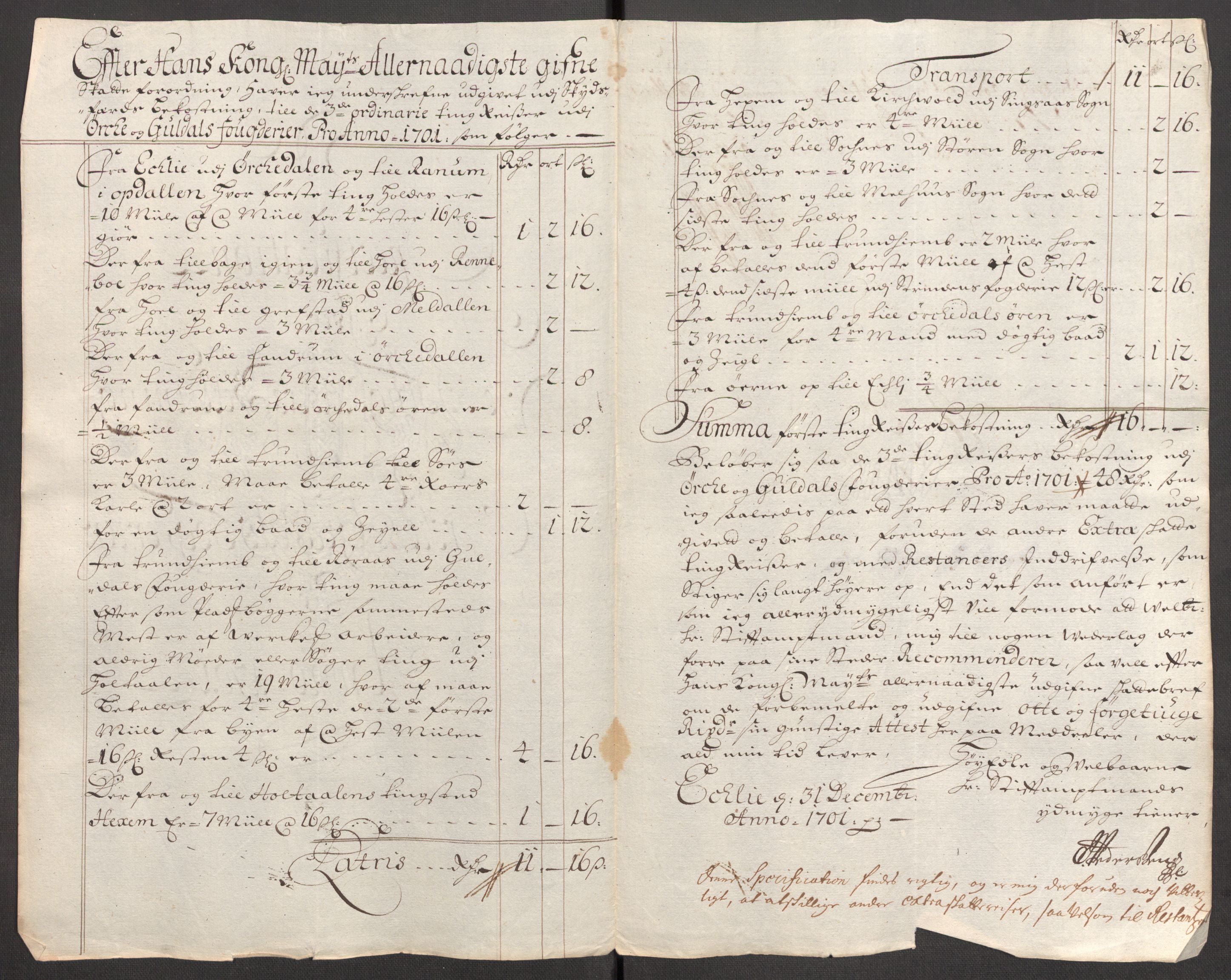 Rentekammeret inntil 1814, Reviderte regnskaper, Fogderegnskap, RA/EA-4092/R60/L3951: Fogderegnskap Orkdal og Gauldal, 1701, s. 331