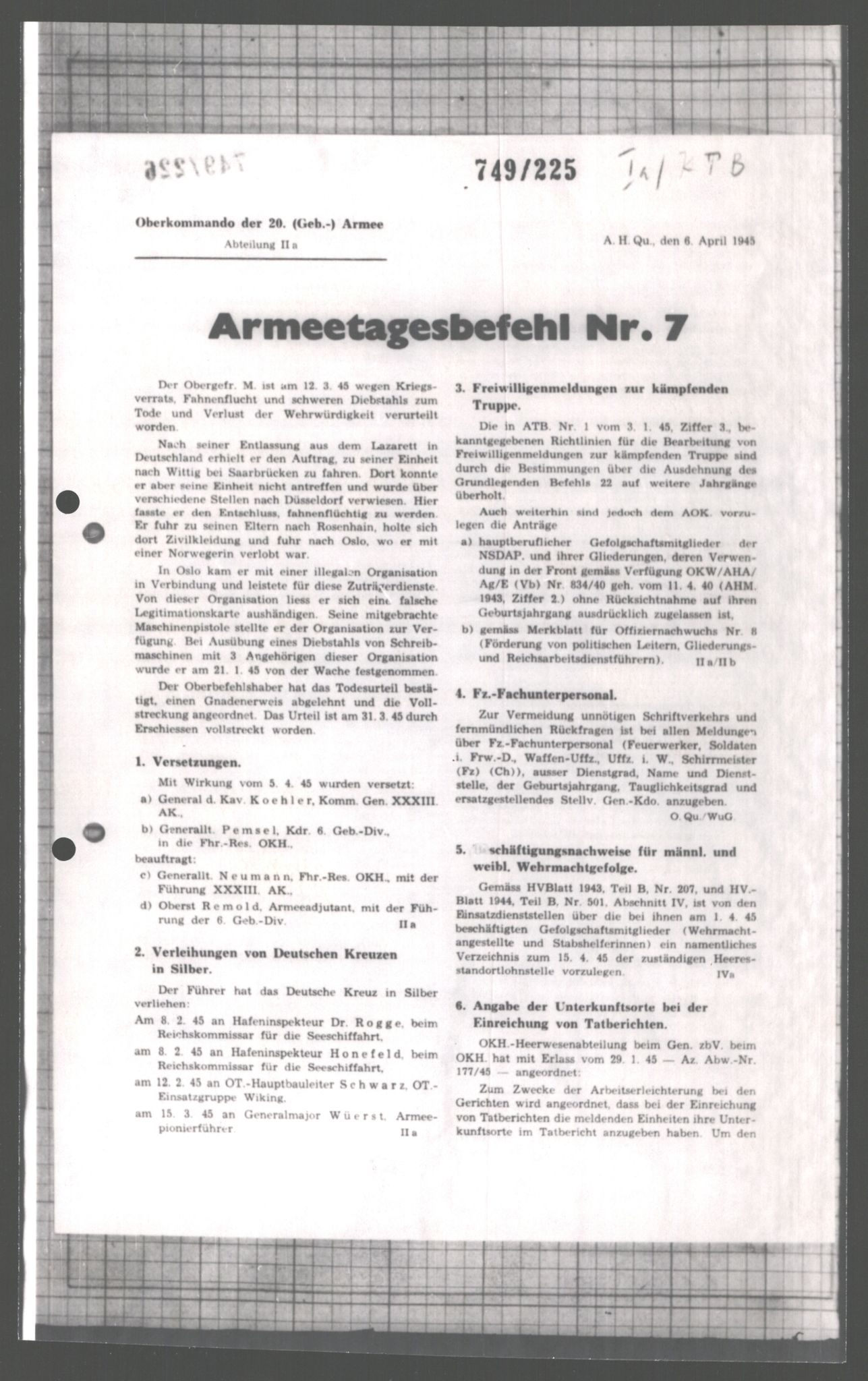 Forsvarets Overkommando. 2 kontor. Arkiv 11.4. Spredte tyske arkivsaker, AV/RA-RAFA-7031/D/Dar/Dara/L0004: Krigsdagbøker for 20. Gebirgs-Armee-Oberkommando (AOK 20), 1945, s. 625