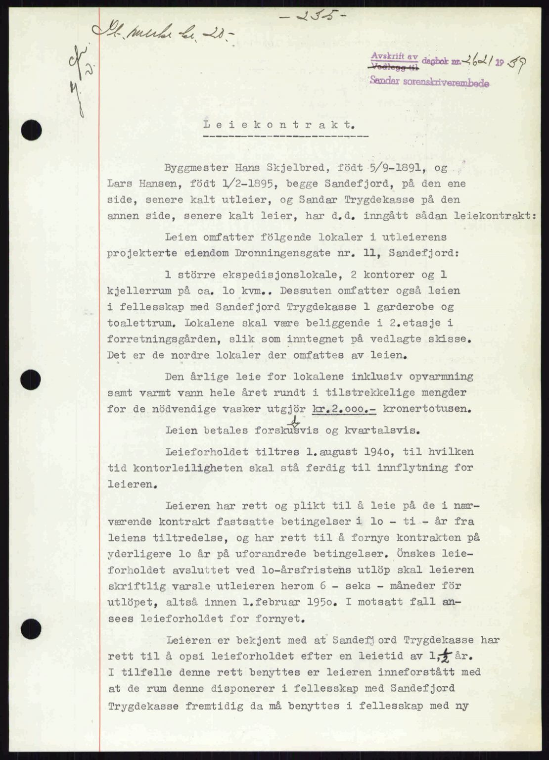 Sandar sorenskriveri, SAKO/A-86/G/Ga/Gab/L0001: Pantebok nr. B-1 og B-3 - B-9, 1936-1944, Dagboknr: 2621/1939