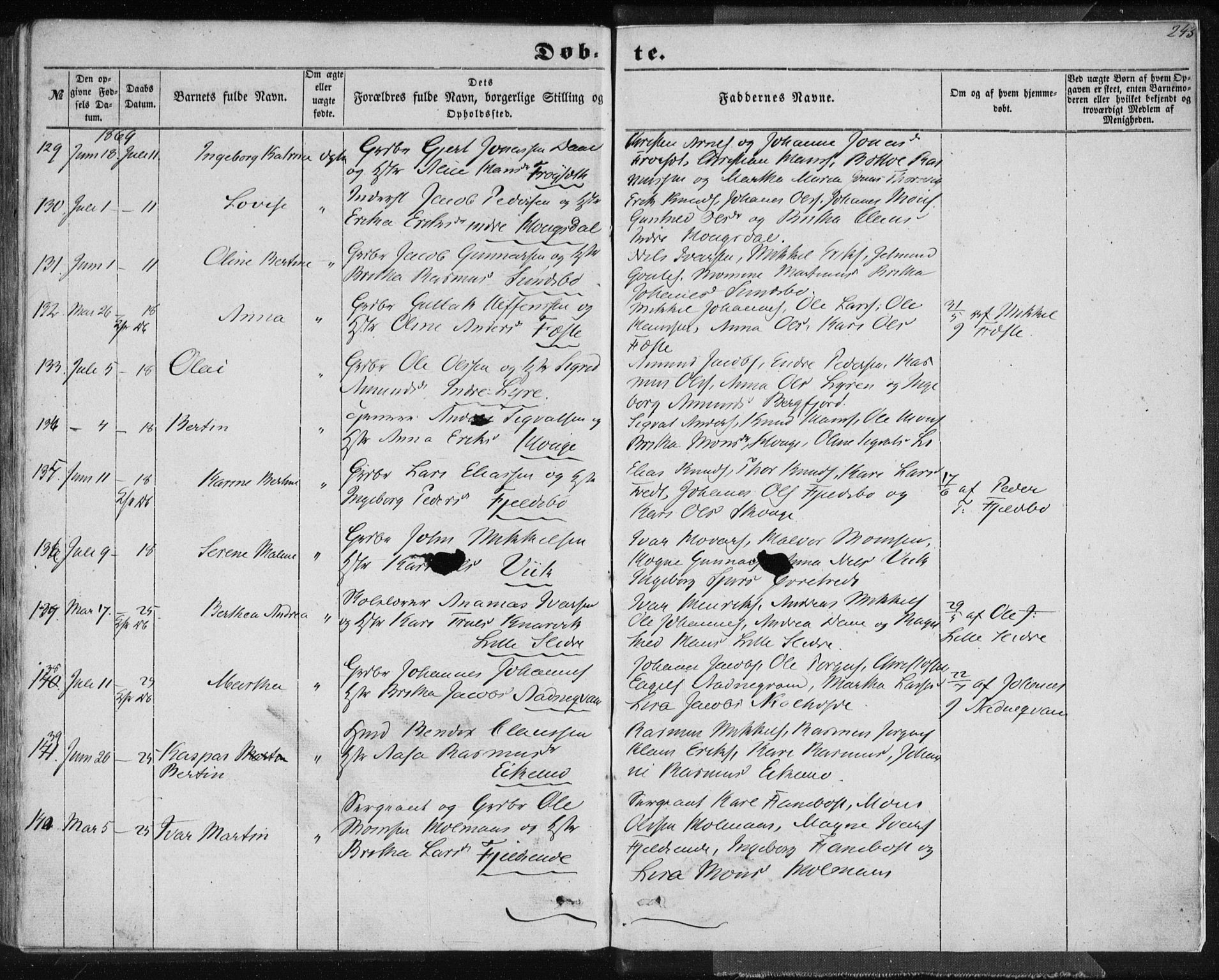 Lindås Sokneprestembete, AV/SAB-A-76701/H/Haa/Haaa/L0011: Ministerialbok nr. A 11, 1854-1869, s. 243