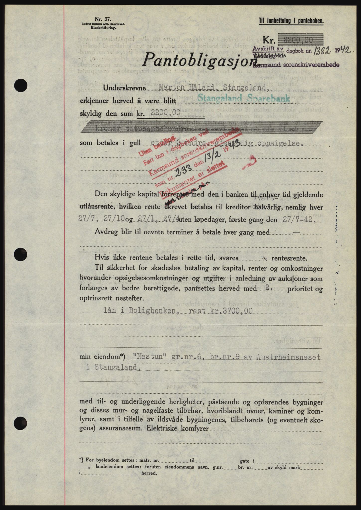 Karmsund sorenskriveri, SAST/A-100311/01/II/IIBBE/L0008: Pantebok nr. B 54, 1942-1943, Dagboknr: 1382/1942