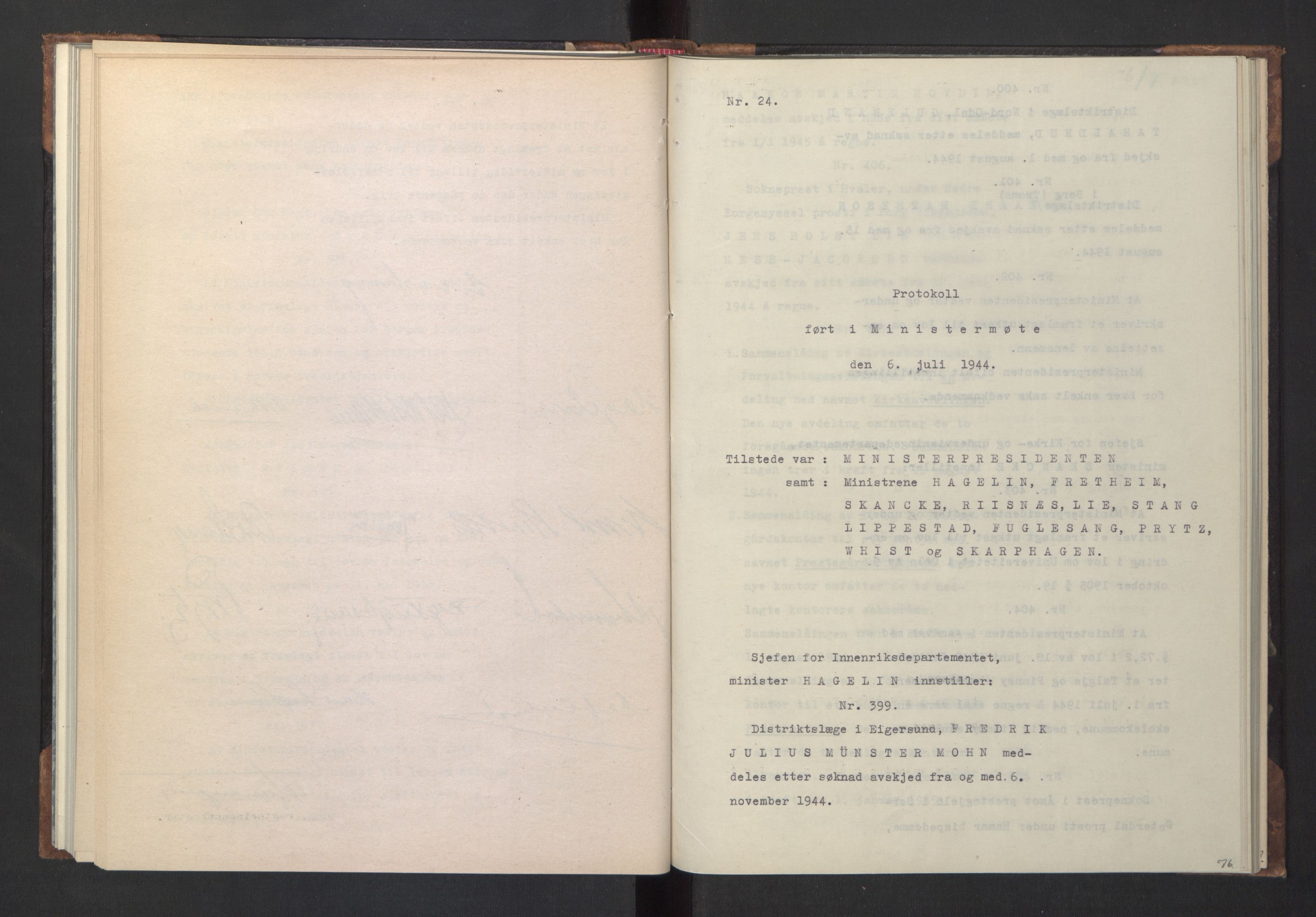 NS-administrasjonen 1940-1945 (Statsrådsekretariatet, de kommisariske statsråder mm), RA/S-4279/D/Da/L0005: Protokoll fra ministermøter, 1944, s. 78