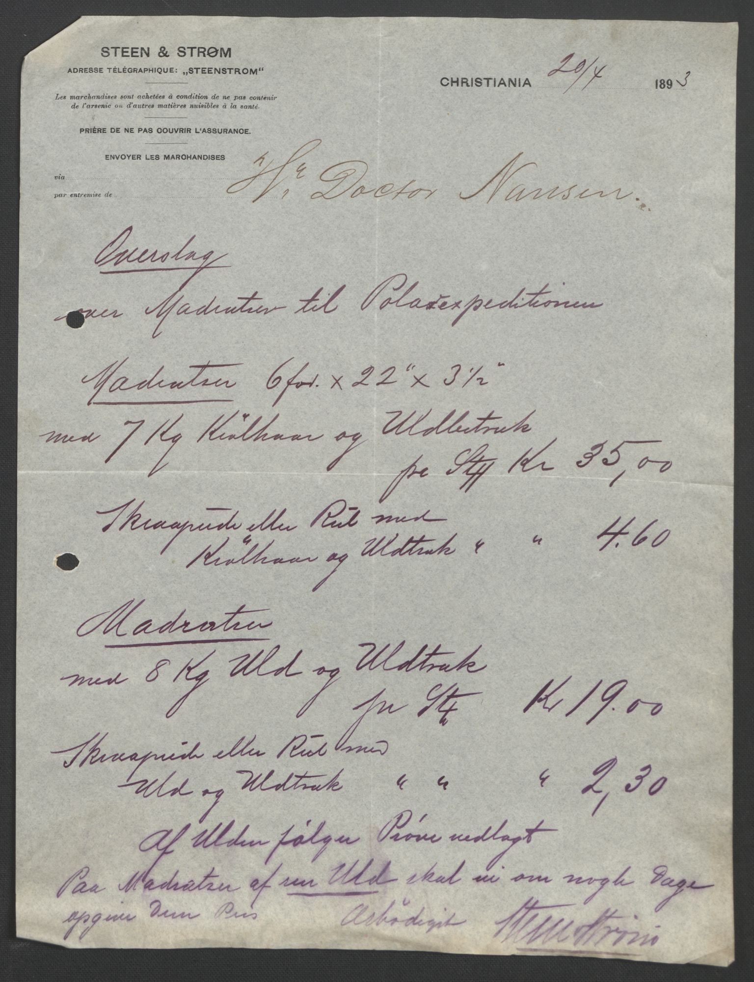 Arbeidskomitéen for Fridtjof Nansens polarekspedisjon, AV/RA-PA-0061/D/L0003/0002: Innk. brev og telegrammer vedr. proviant og utrustning / Utrustningen m.m. - korrespondanse, 1893, s. 366