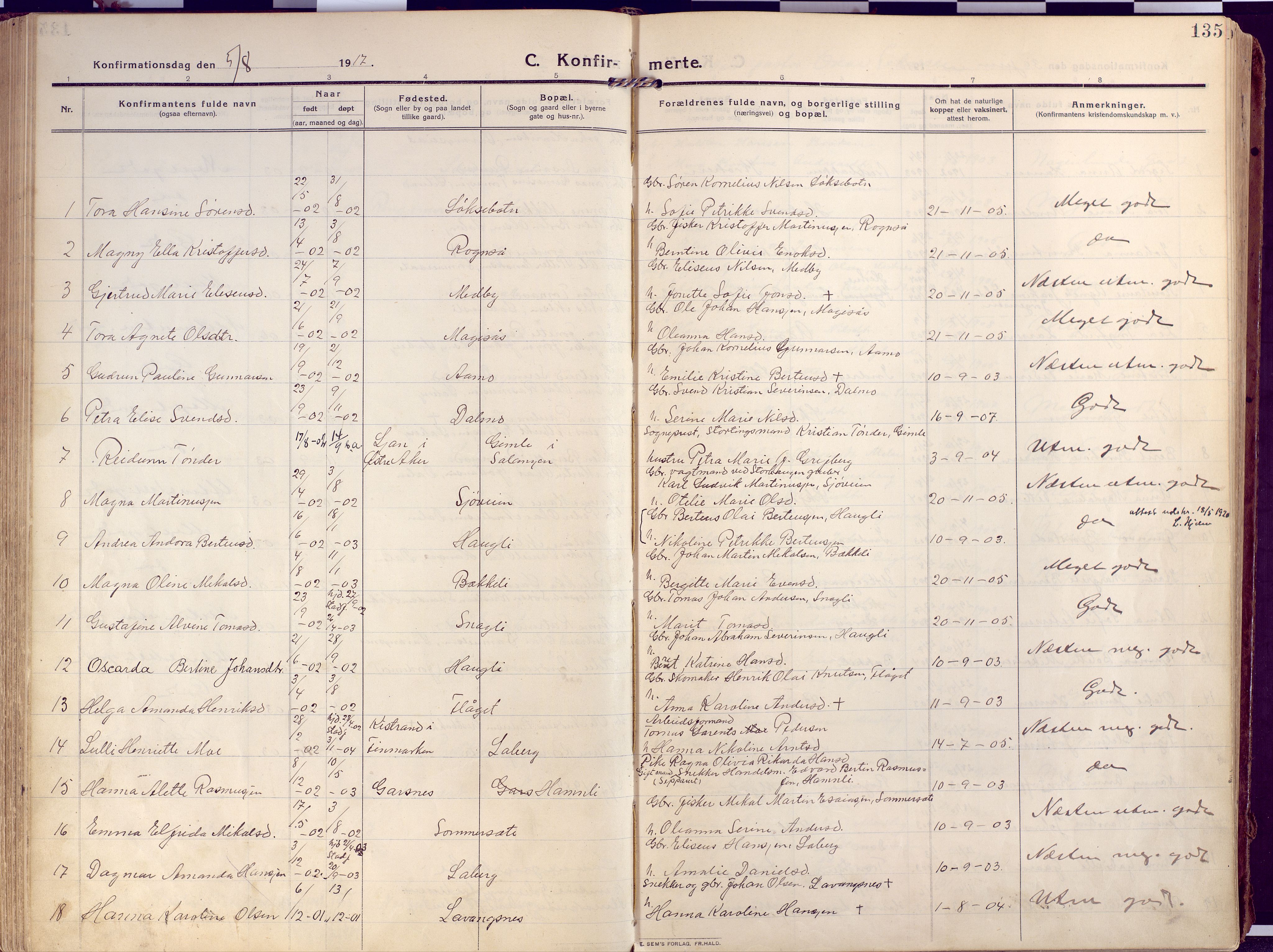 Salangen sokneprestembete, AV/SATØ-S-1324/H/Ha/L0004kirke: Ministerialbok nr. 4, 1912-1927, s. 135