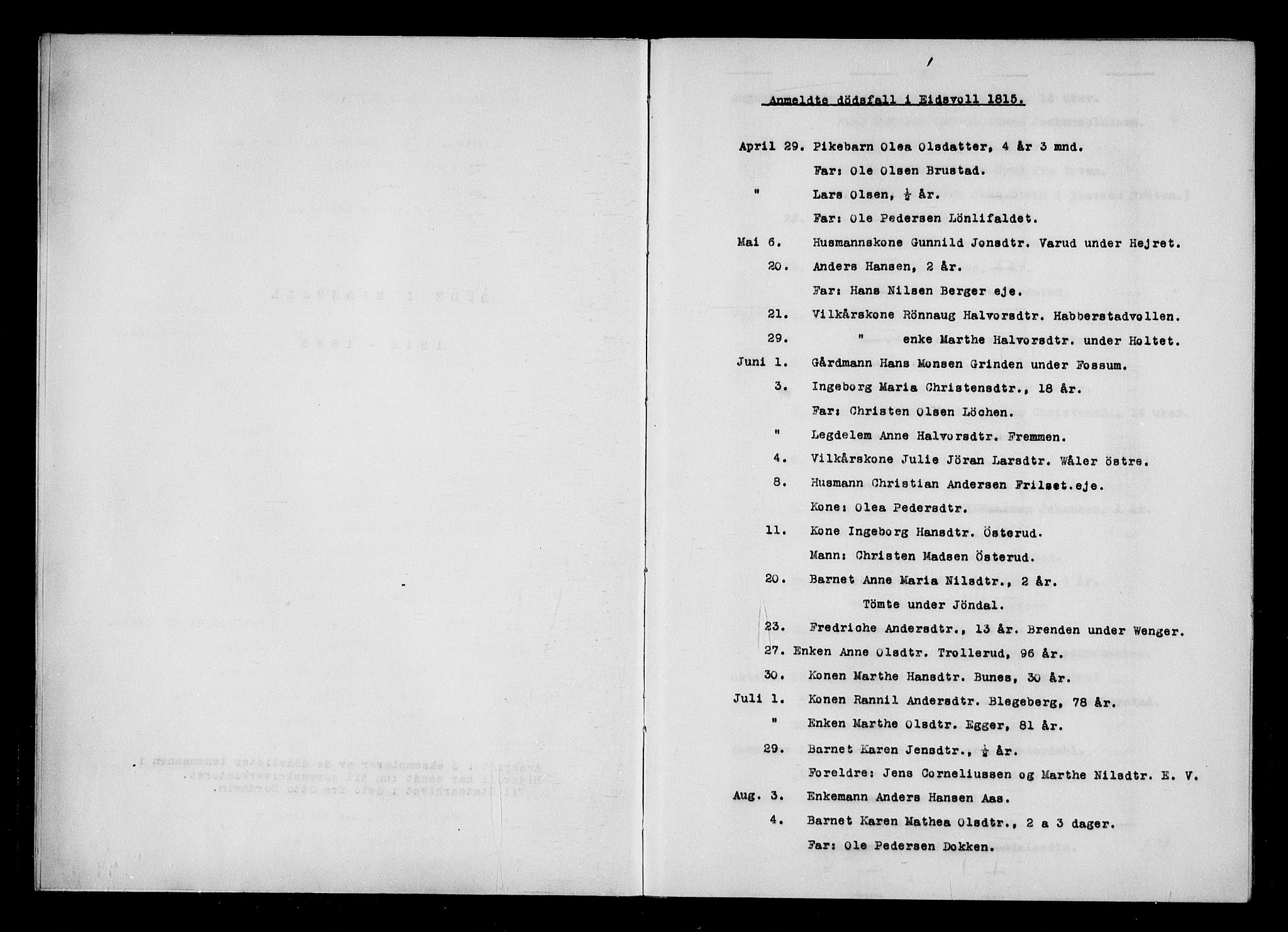 Eidsvoll tingrett, AV/SAO-A-10371/H/Ha/Haa/L0001: Dødsmeldingsprotokoll - Eidsvoll lensmannsdistrikt, 1815-1865, s. 1
