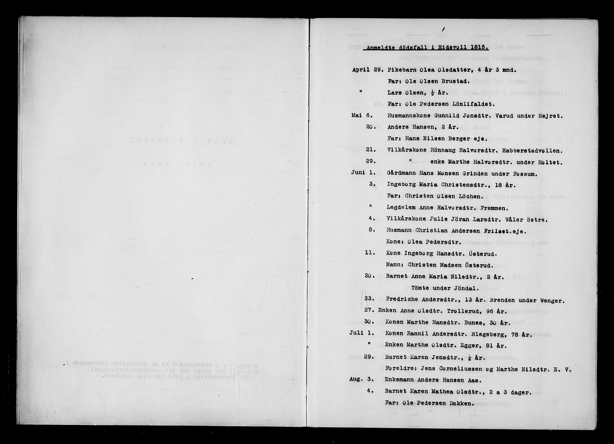 Eidsvoll tingrett, SAO/A-10371/H/Ha/Haa/L0001: Dødsmeldingsprotokoll - Eidsvoll lensmannsdistrikt, 1815-1865, s. 1