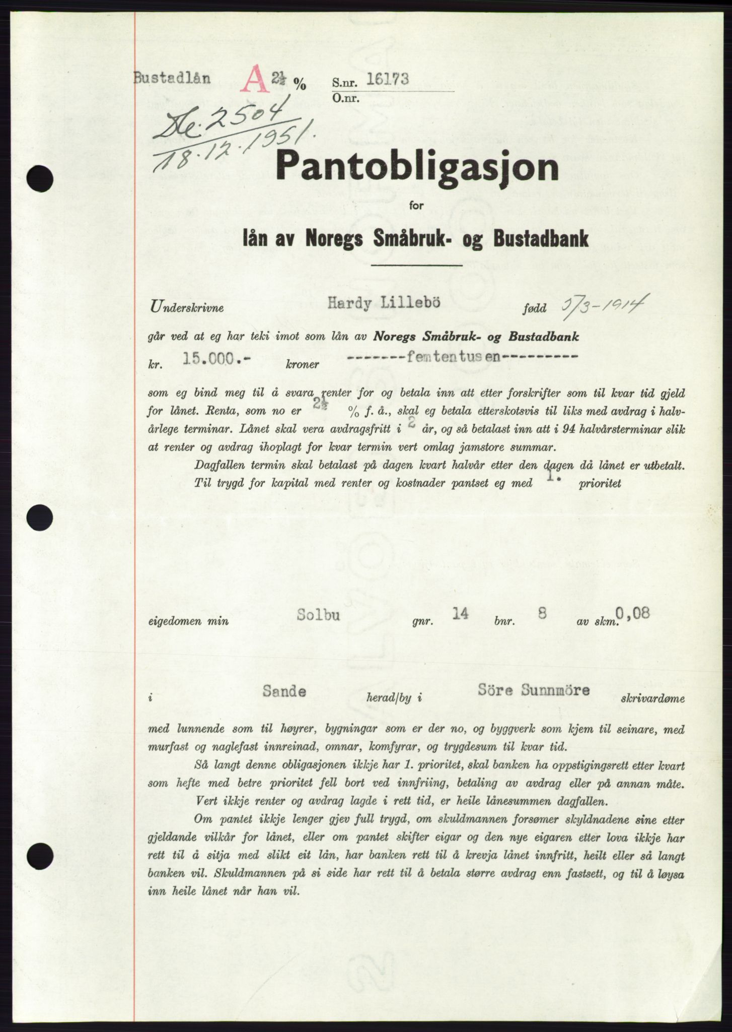 Søre Sunnmøre sorenskriveri, AV/SAT-A-4122/1/2/2C/L0121: Pantebok nr. 9B, 1951-1952, Dagboknr: 2504/1951