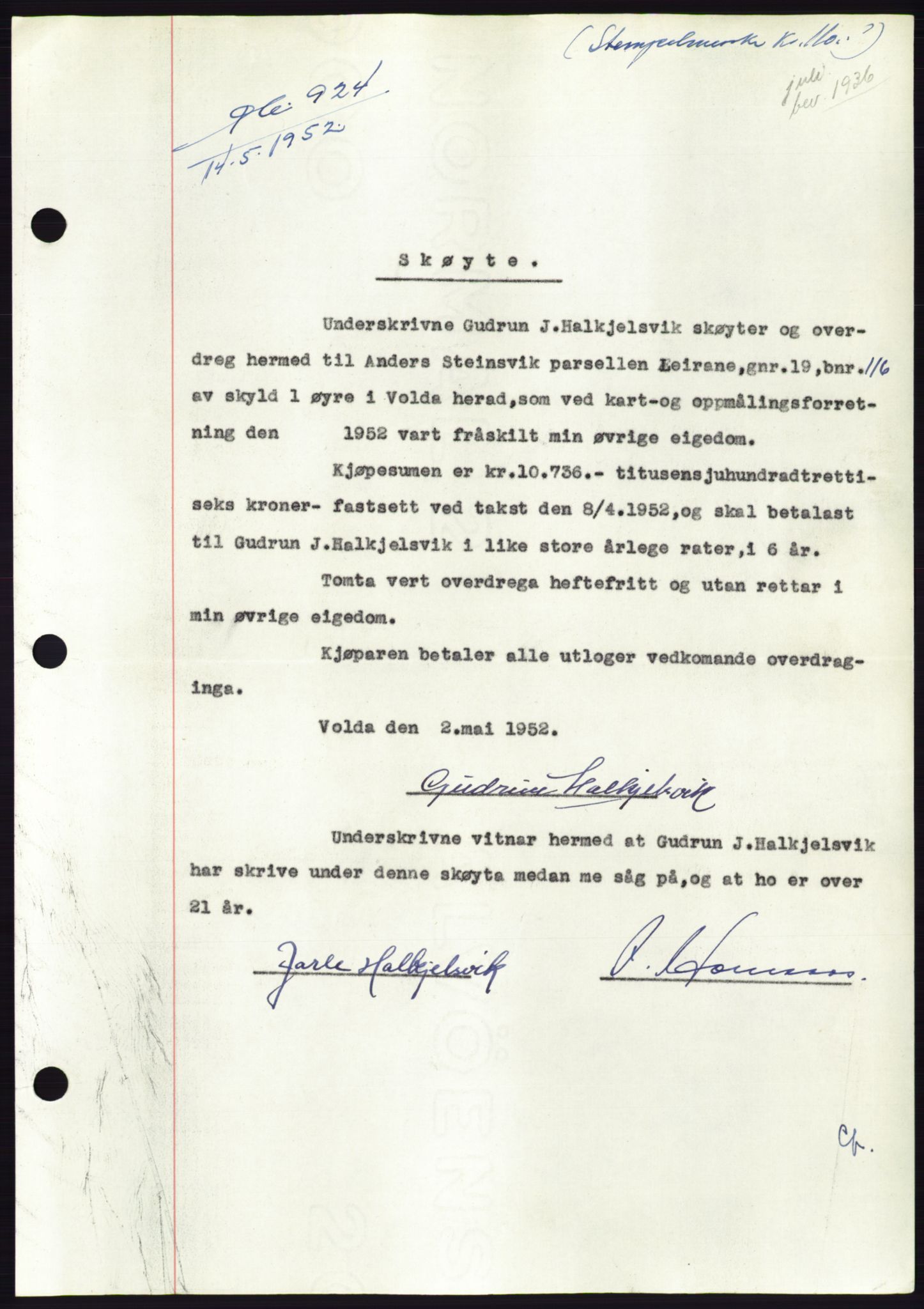 Søre Sunnmøre sorenskriveri, AV/SAT-A-4122/1/2/2C/L0092: Pantebok nr. 18A, 1952-1952, Dagboknr: 924/1952